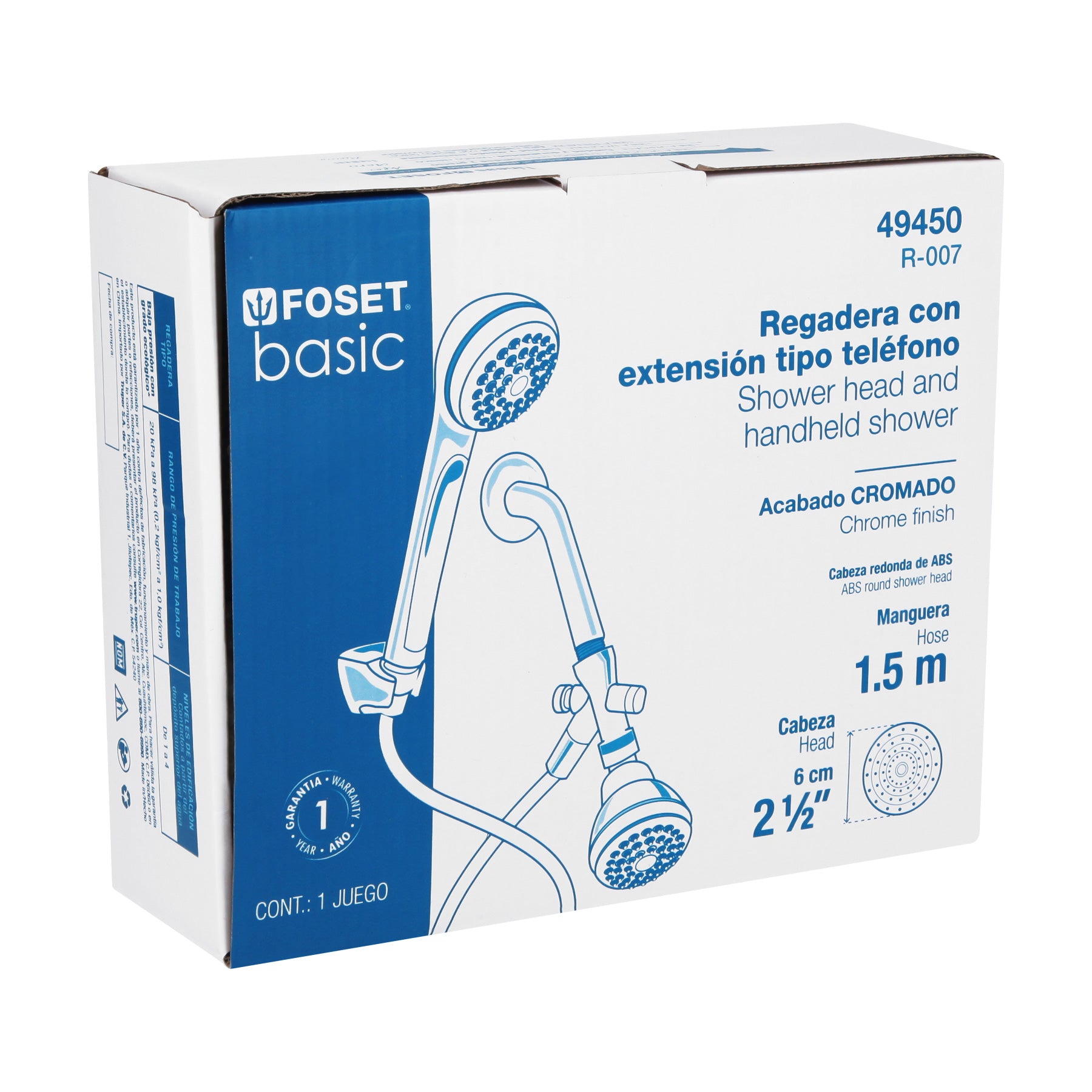 Regadera 2-1/2" con extensión tipo teléfono, FOSET BASIC