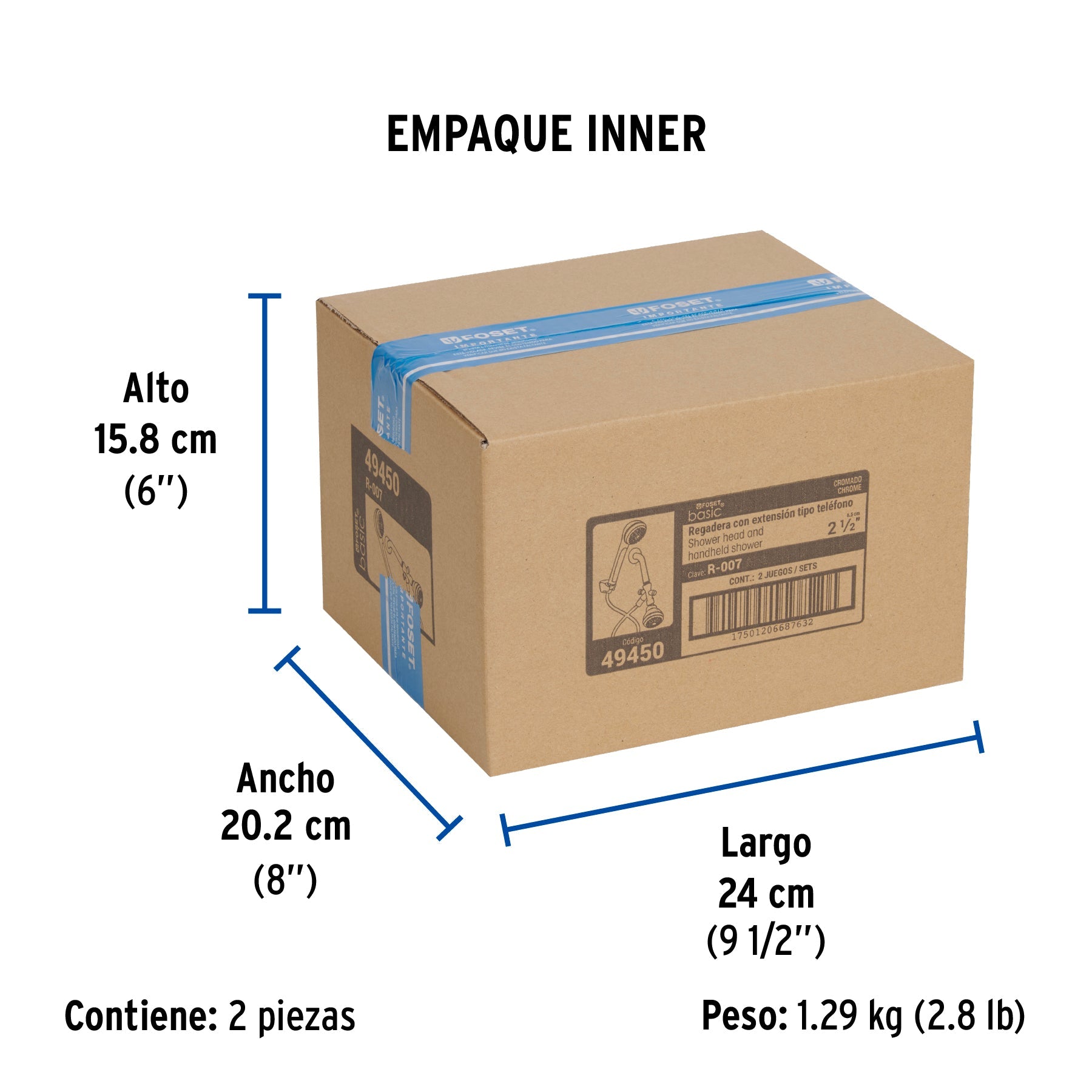 Regadera 2-1/2" con extensión tipo teléfono, FOSET BASIC - Empaque