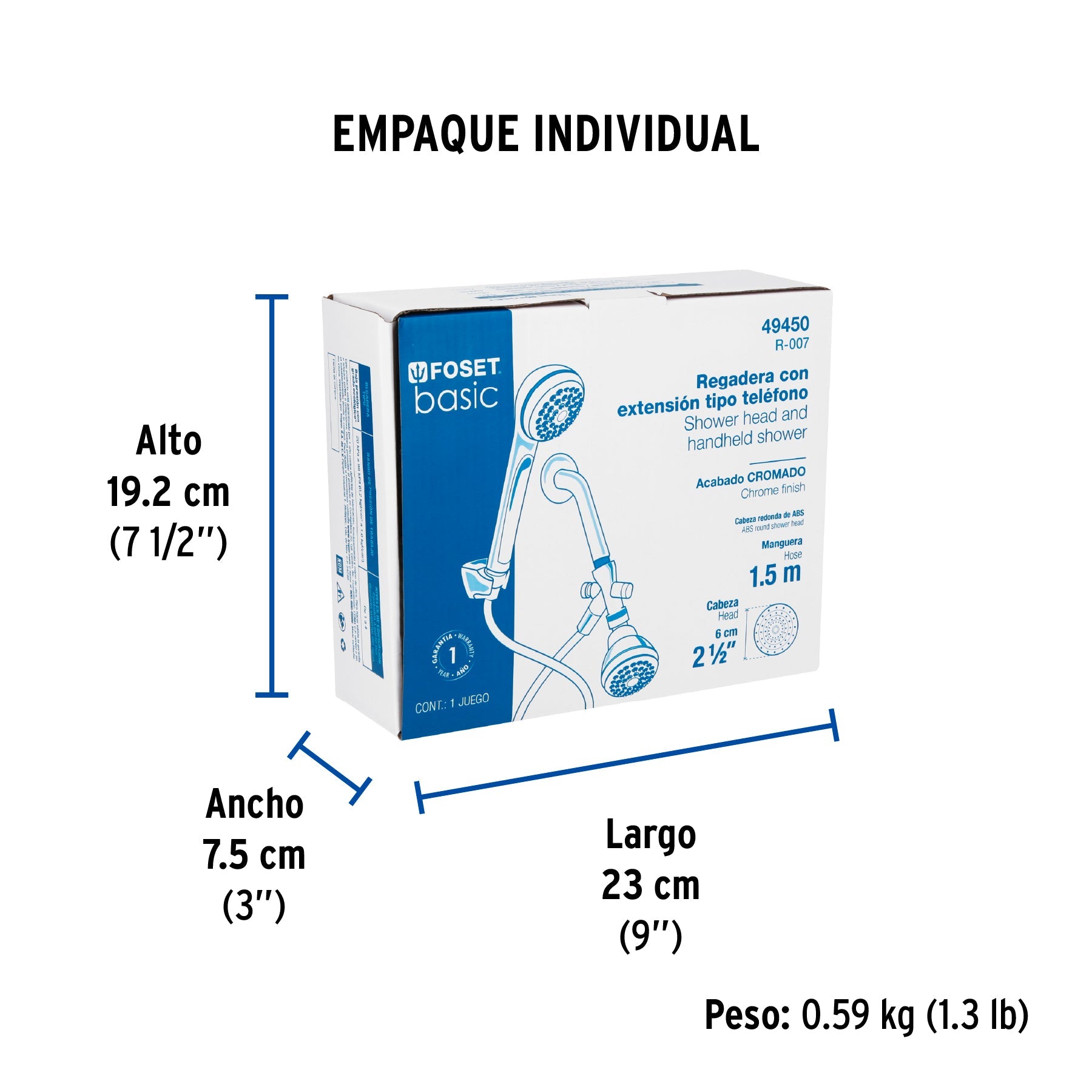 Regadera 2-1/2" con extensión tipo teléfono, FOSET BASIC - Empaque