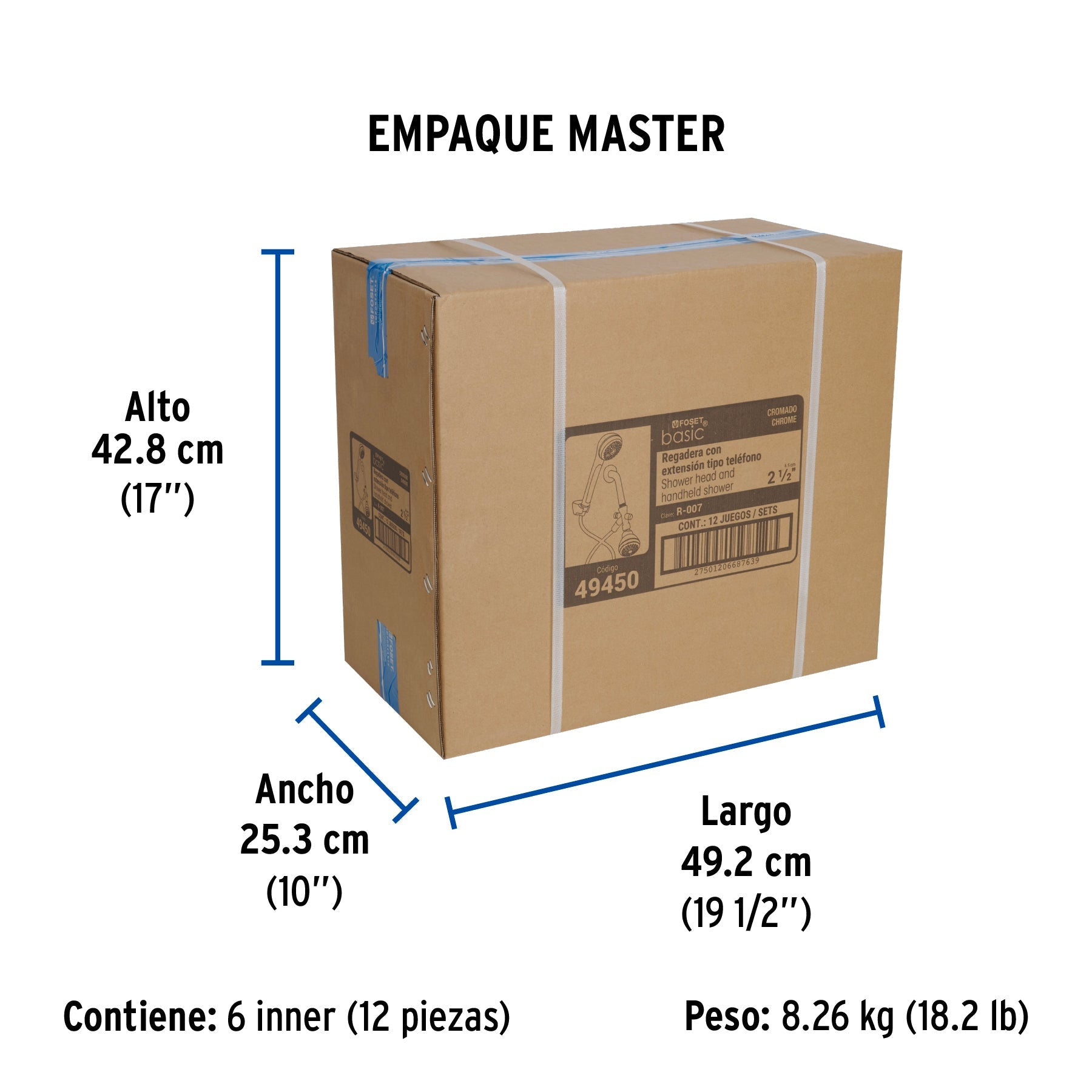 Regadera 2-1/2" con extensión tipo teléfono, FOSET BASIC - Empaque