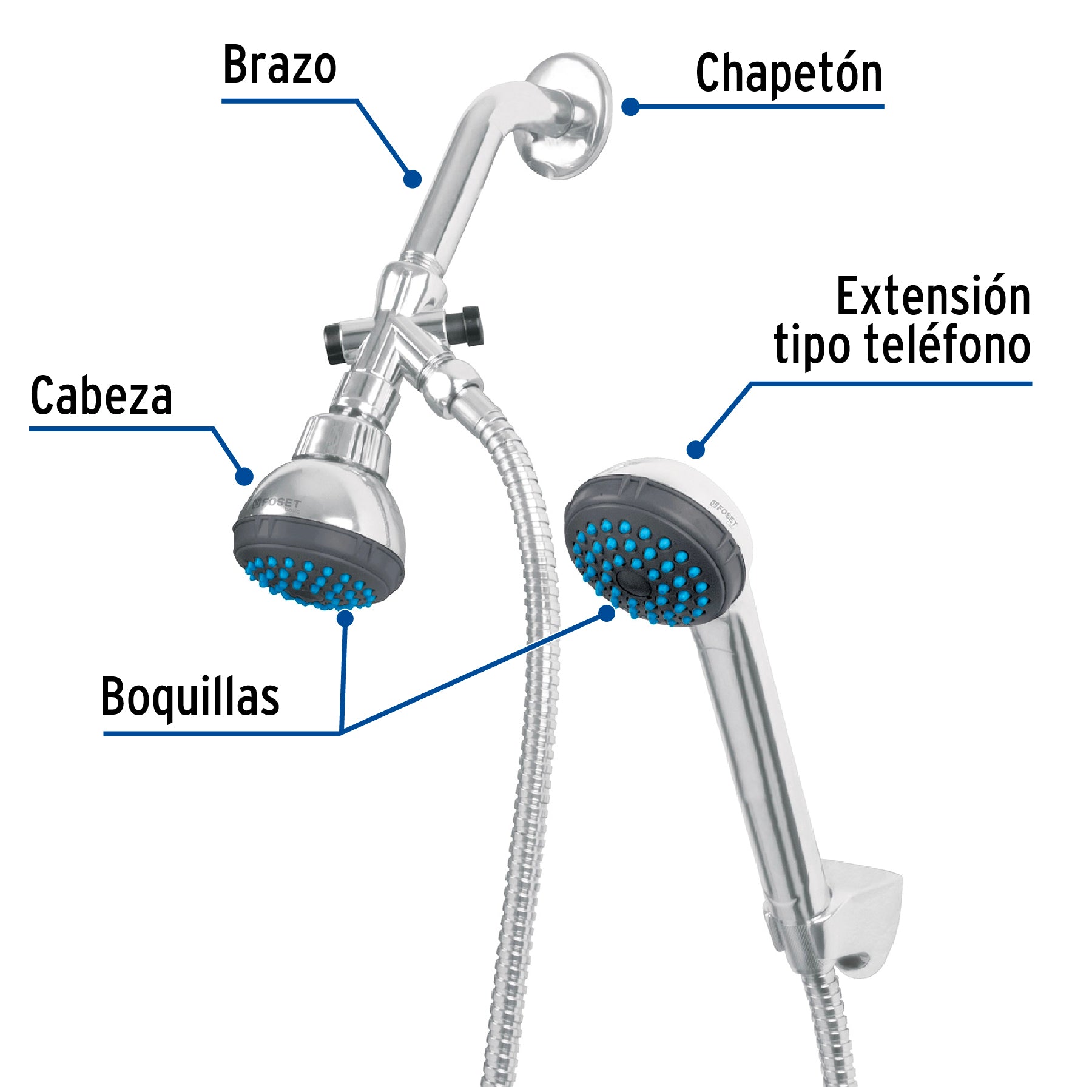 Regadera 2-1/2" con extensión tipo teléfono, FOSET BASIC