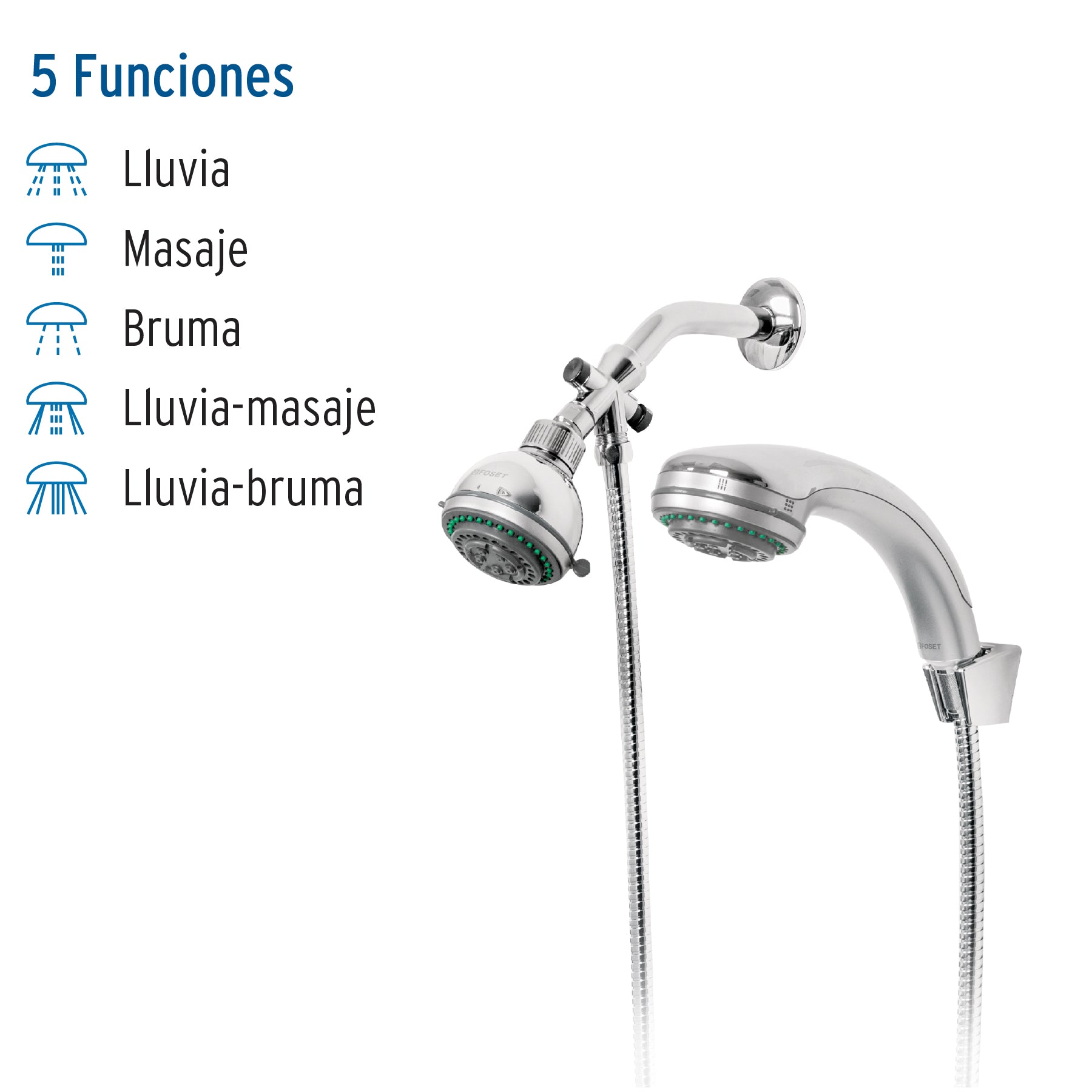 Regadera doble fija y teléfono 3-1/4", 5 funciones, AQUA