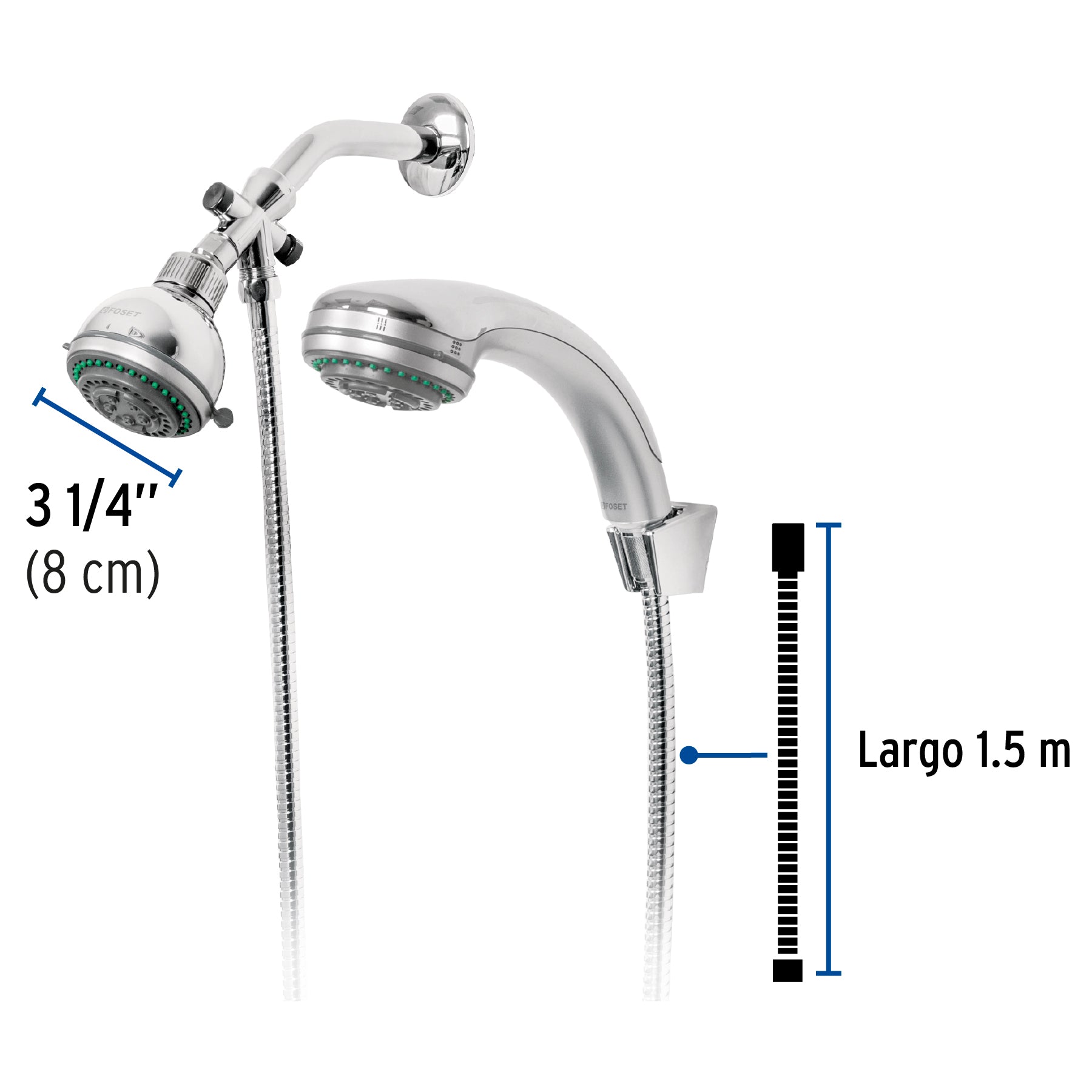 Regadera doble fija y teléfono 3-1/4", 5 funciones, AQUA