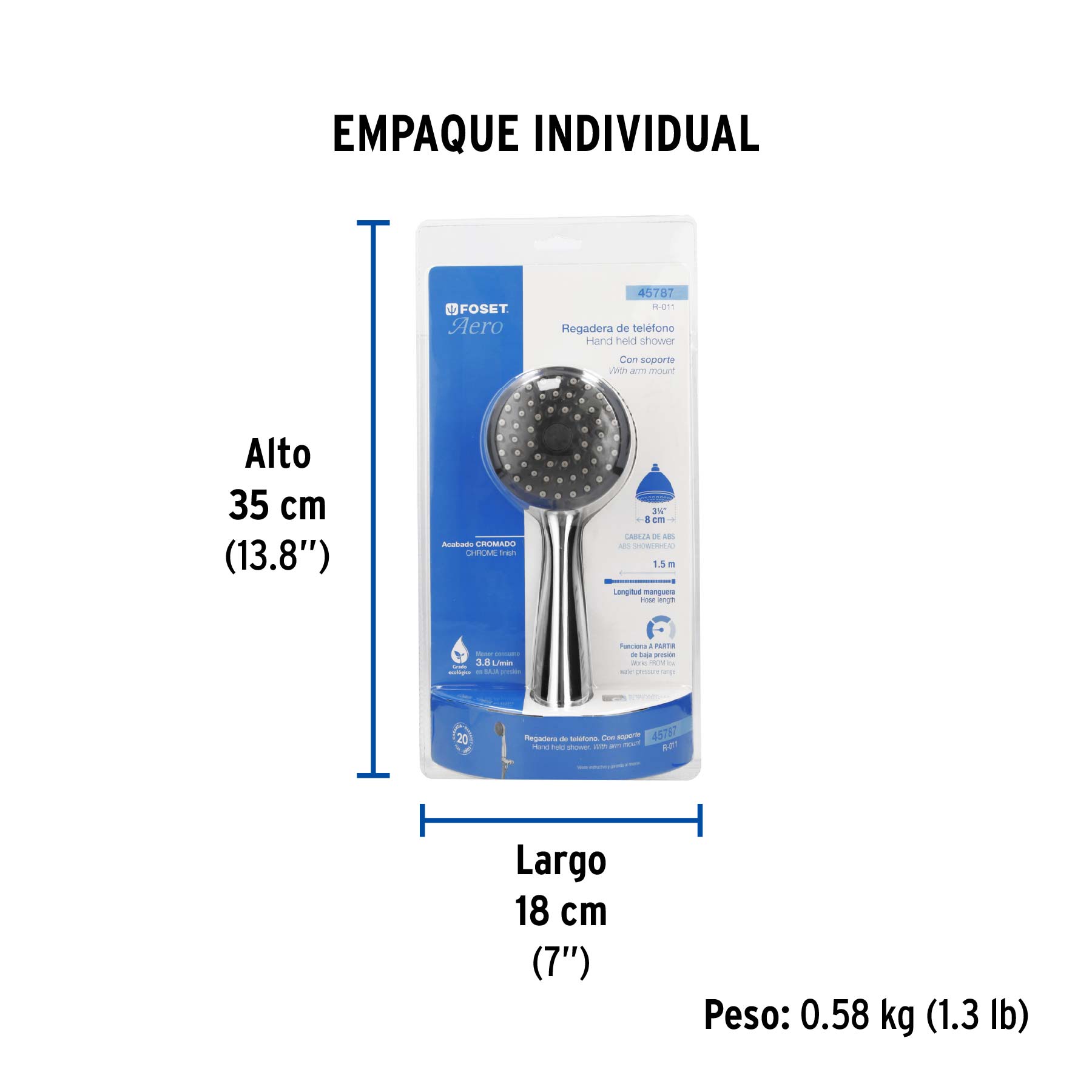 Regadera de teléfono 3-1/4, ABS, con soporte, cromo, AERO - Empaque