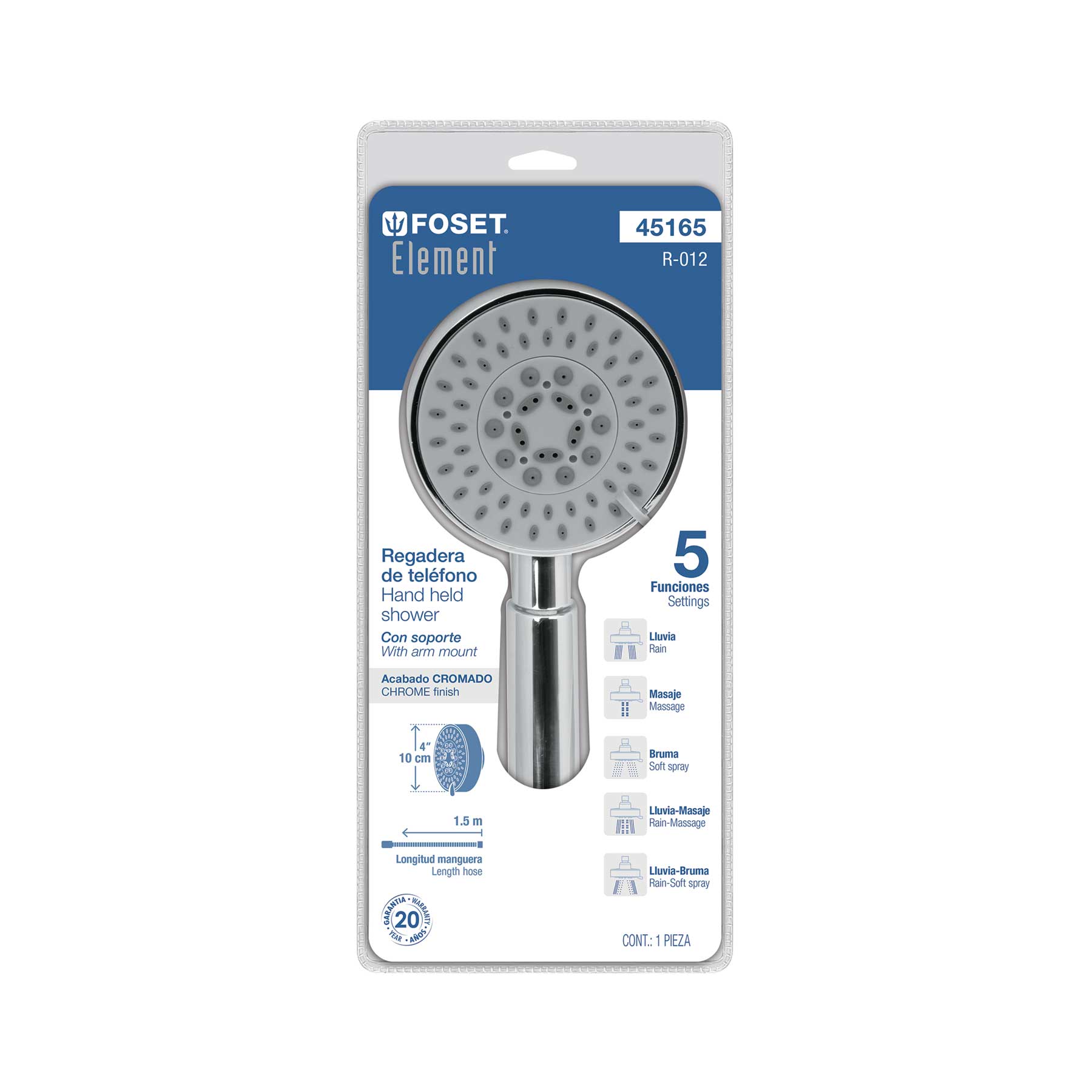 Regadera cromo de teléfono 4" con soporte, FOSET ELEMENT