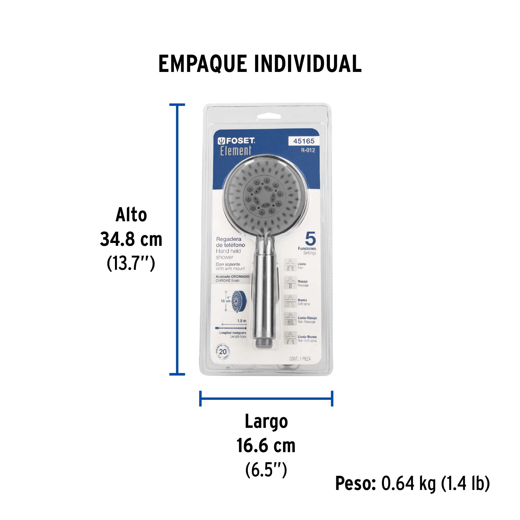 Regadera cromo de teléfono 4" con soporte, FOSET ELEMENT - Empaque