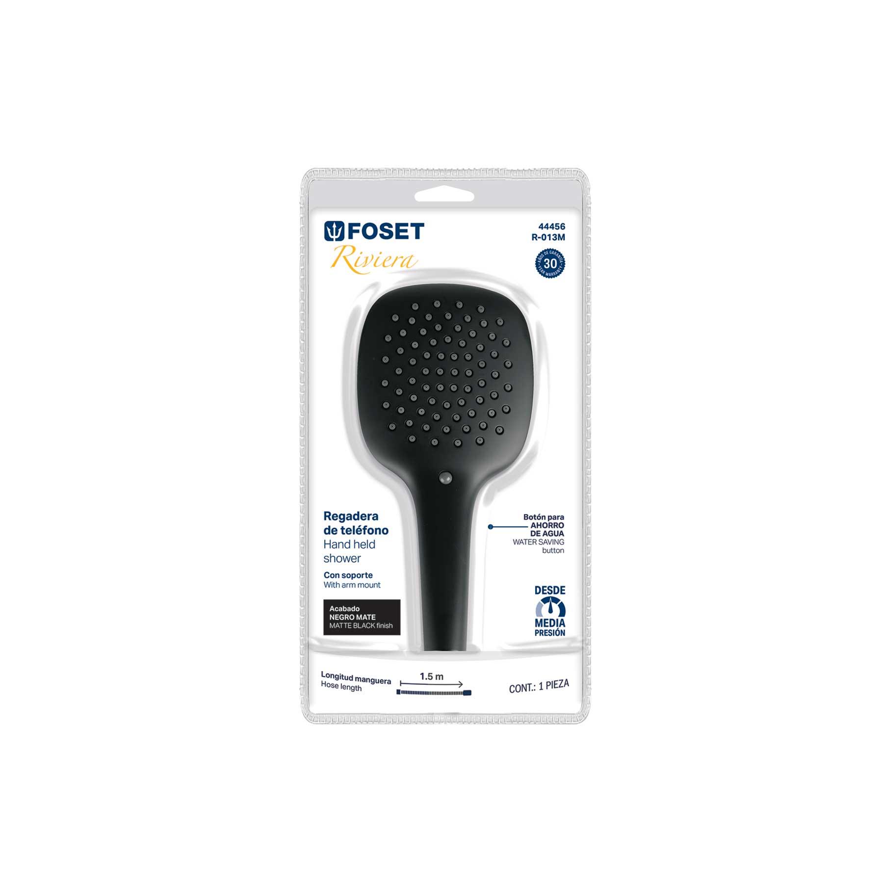 Regadera de teléfono con soporte, negro, FOSET RIVIERA