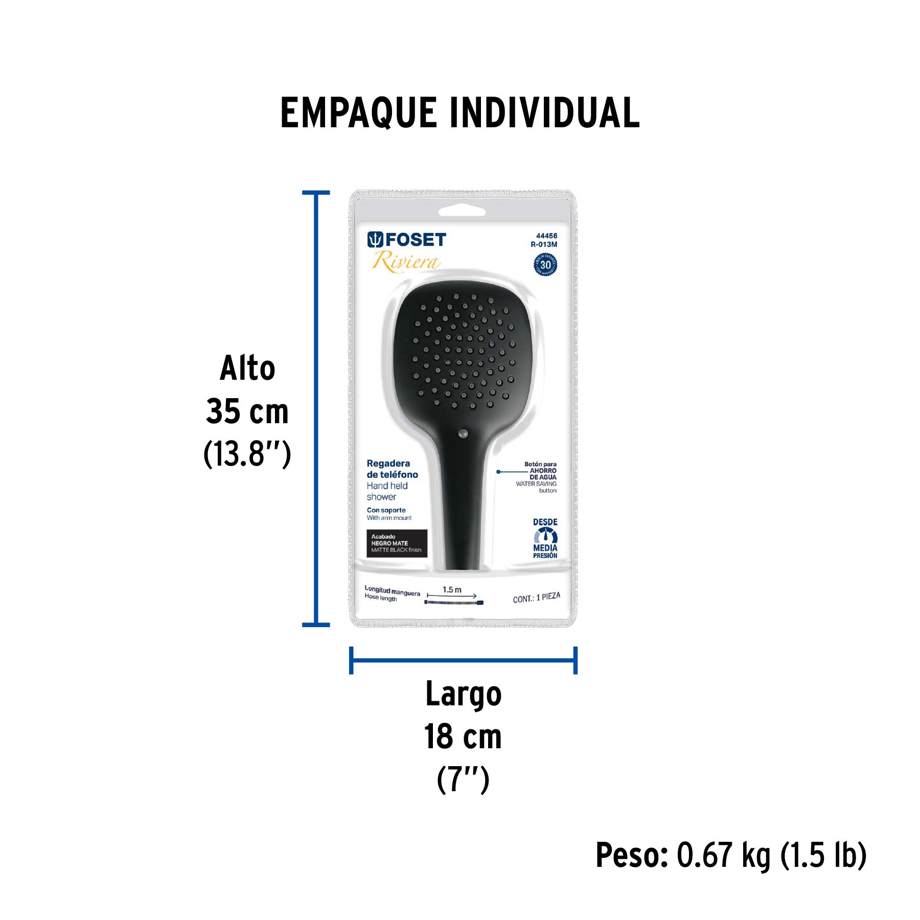 Regadera de teléfono con soporte, negro, FOSET RIVIERA - Empaque