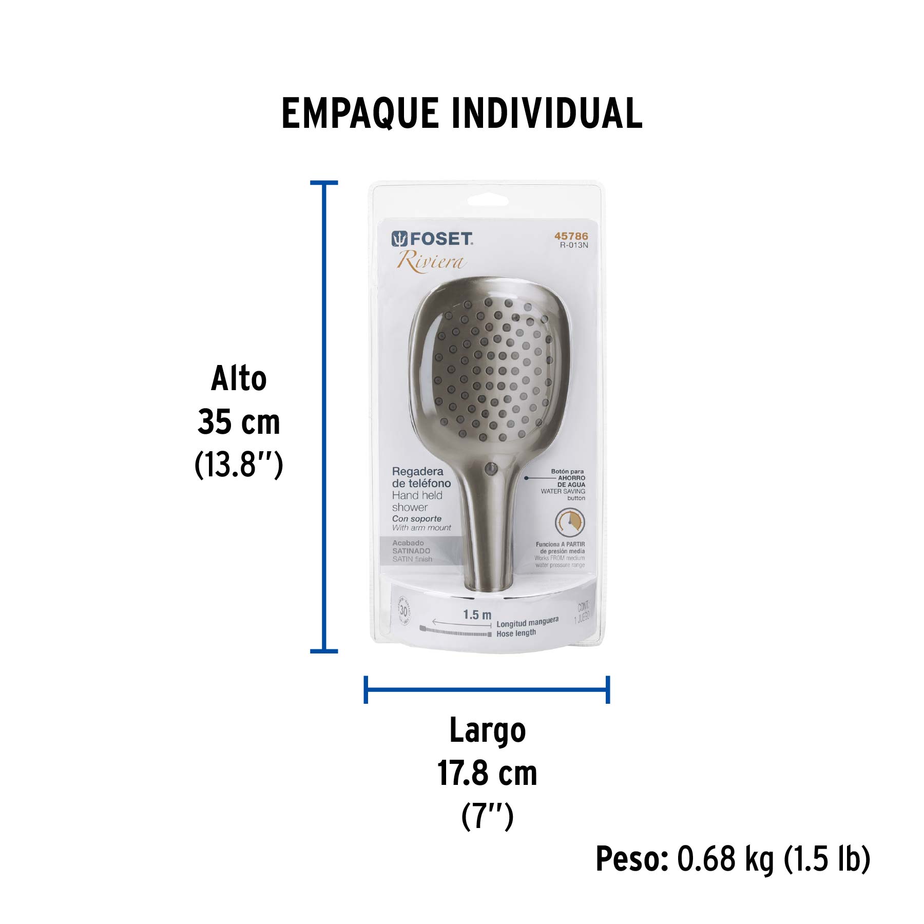 Regadera de teléfono con soporte, satín, FOSET RIVIERA - Empaque