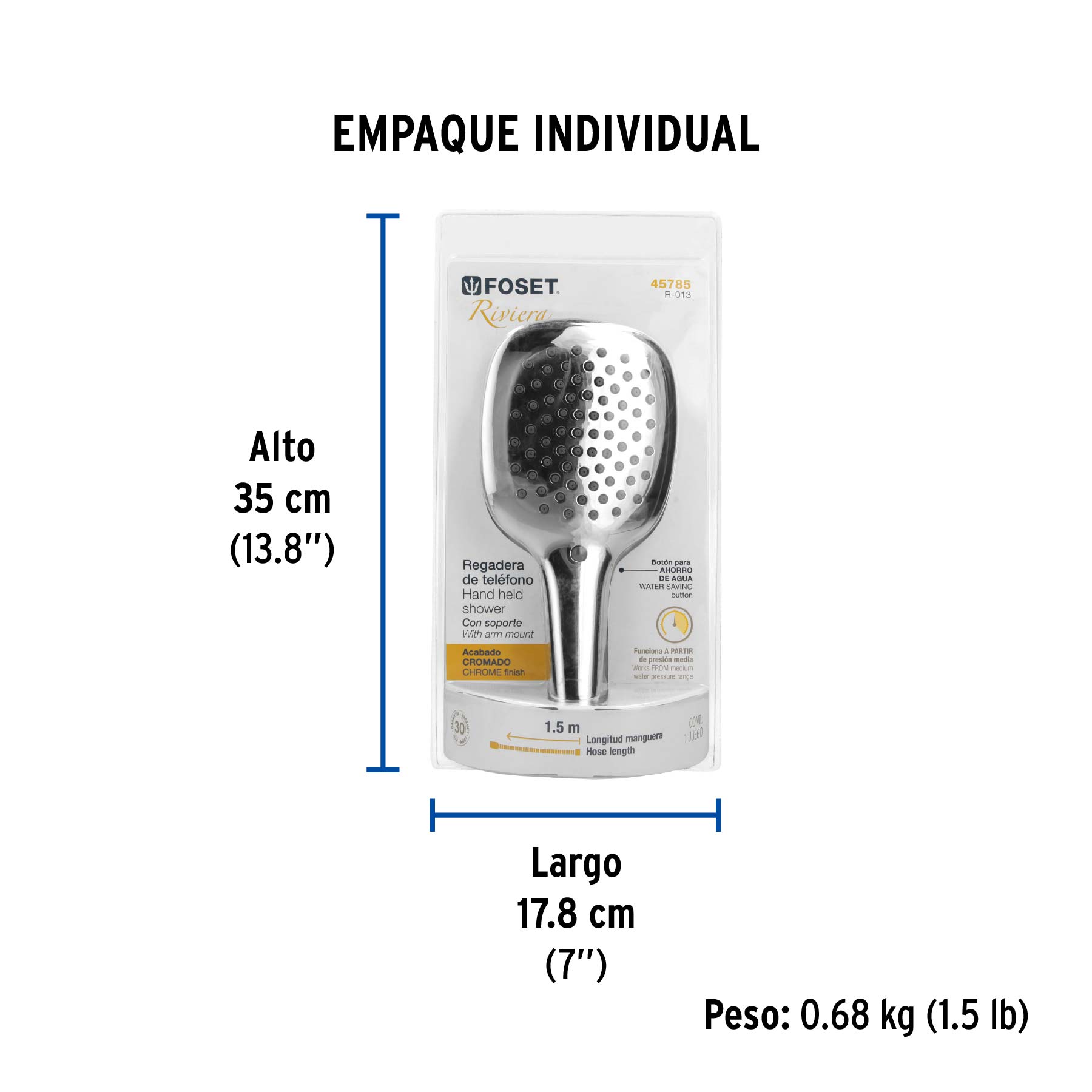Regadera de teléfono con soporte, cromo, FOSET RIVIERA - Empaque