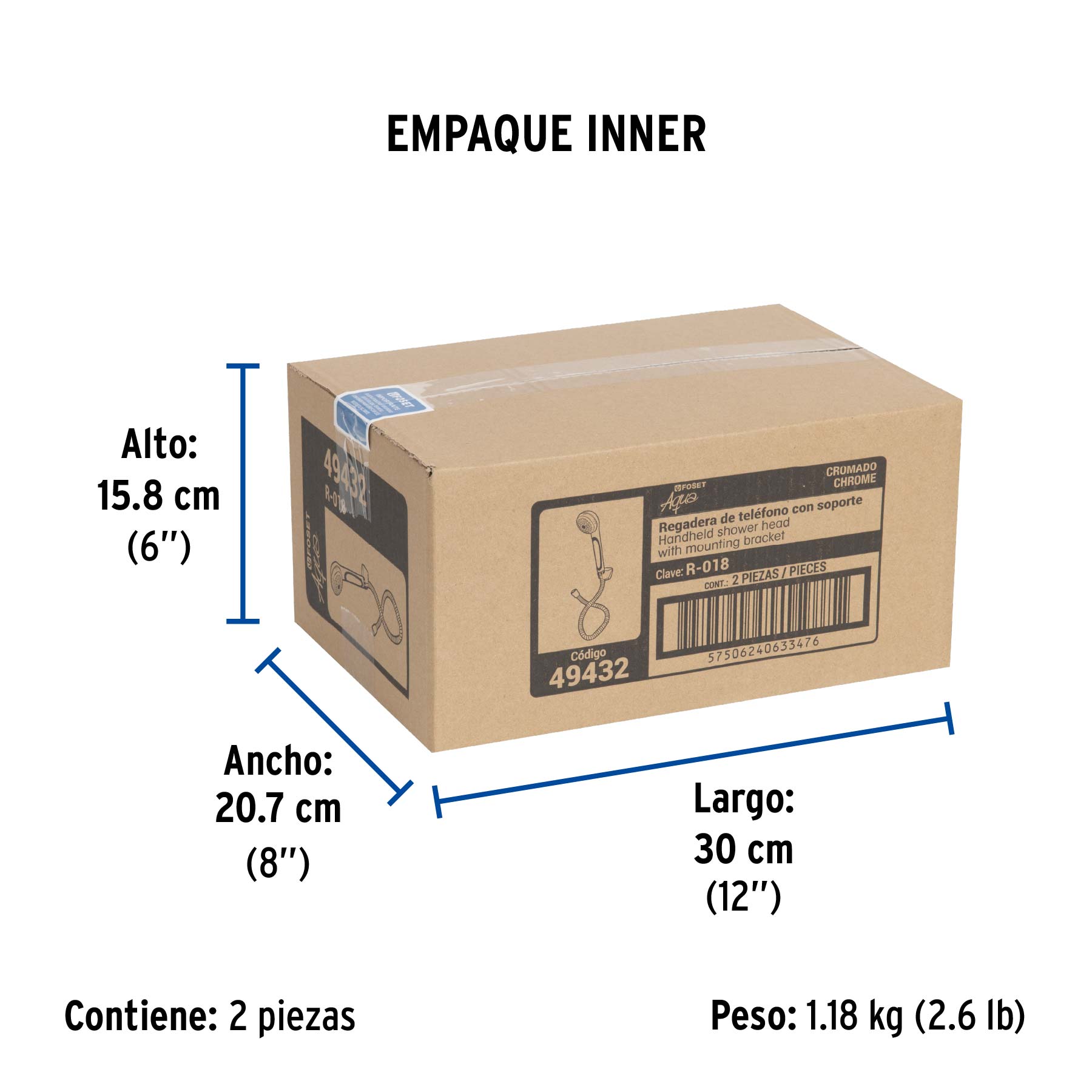 Regadera de teléfono 3-1/4", 5 funciones, con soporte, AQUA - Empaque