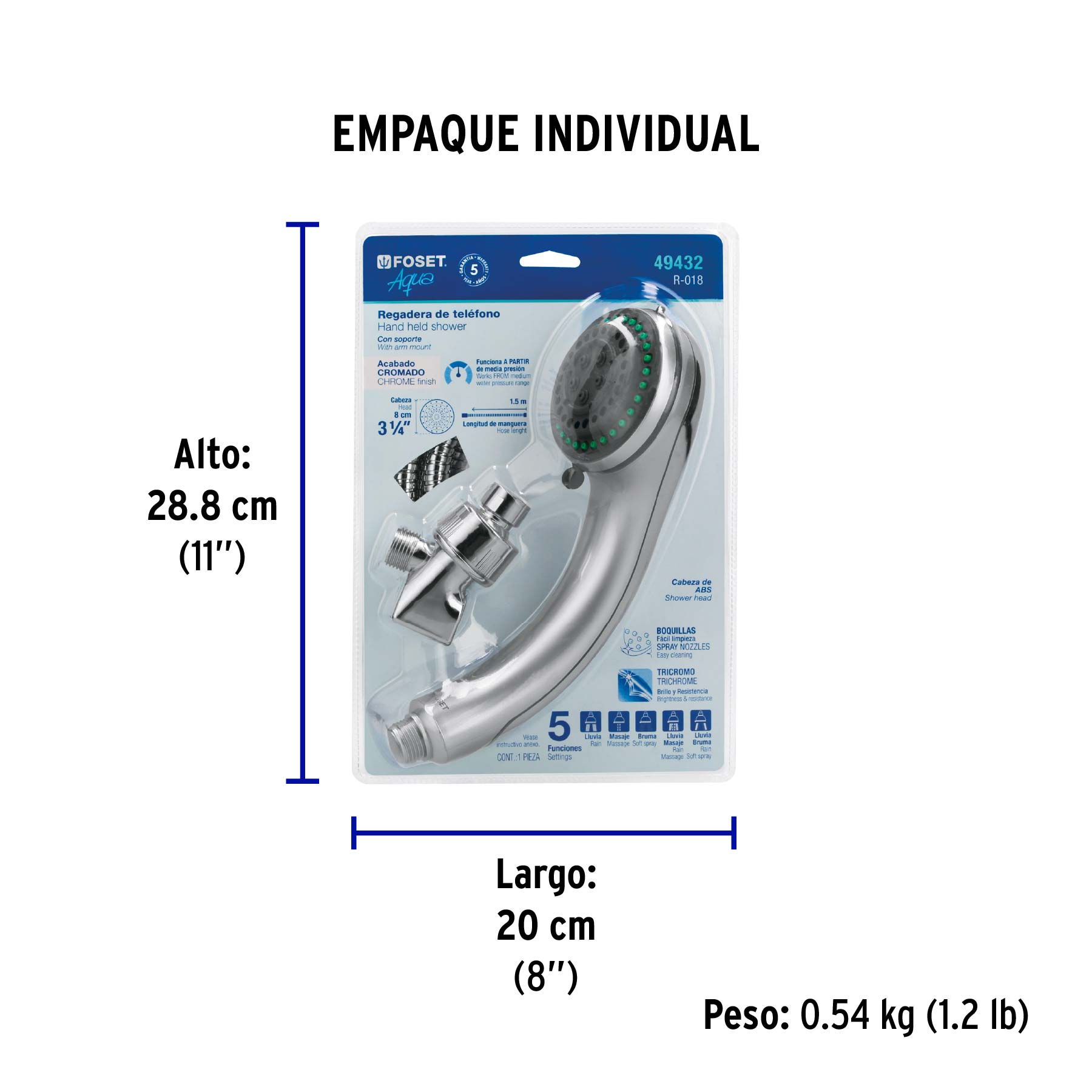 Regadera de teléfono 3-1/4", 5 funciones, con soporte, AQUA - Empaque