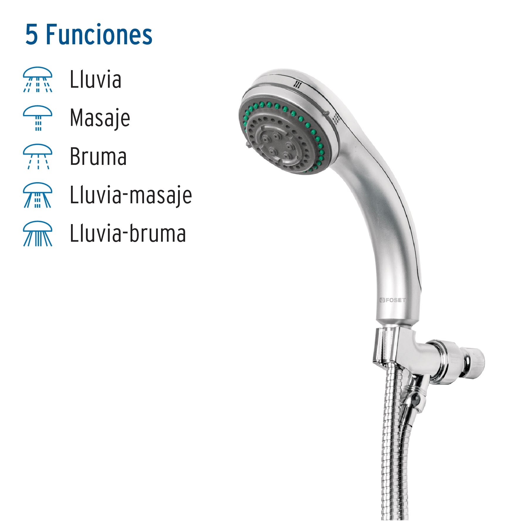 Regadera de teléfono 3-1/4", 5 funciones, con soporte, AQUA