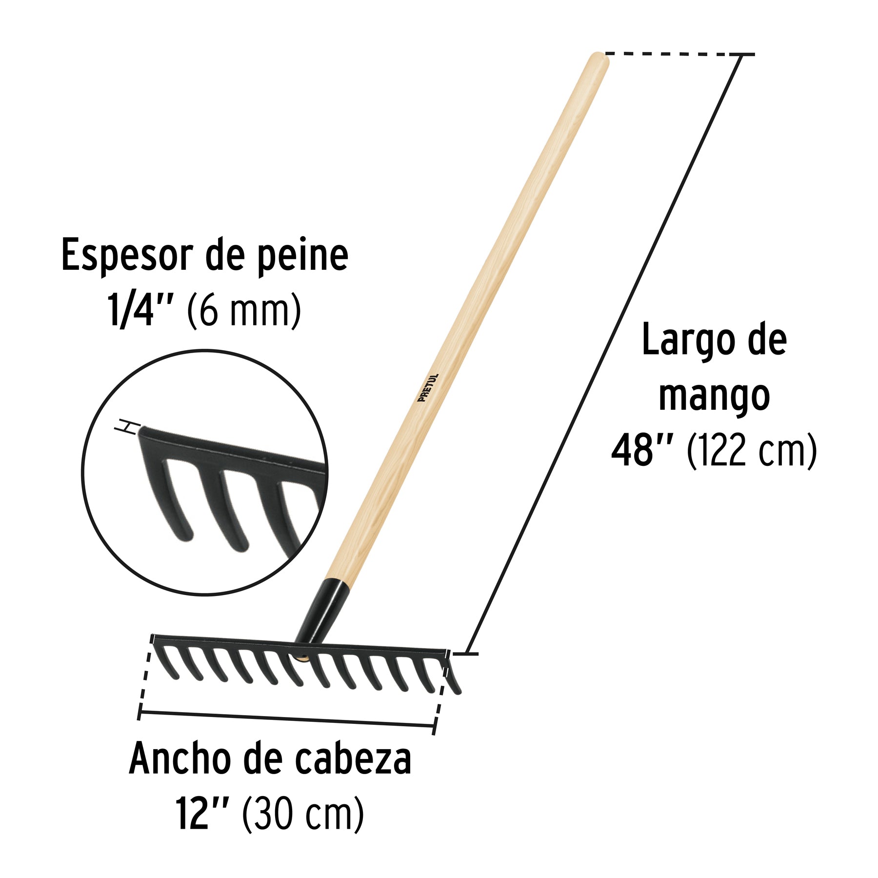 Rastrillo recto de 12 dientes, mango de 48", PRETUL