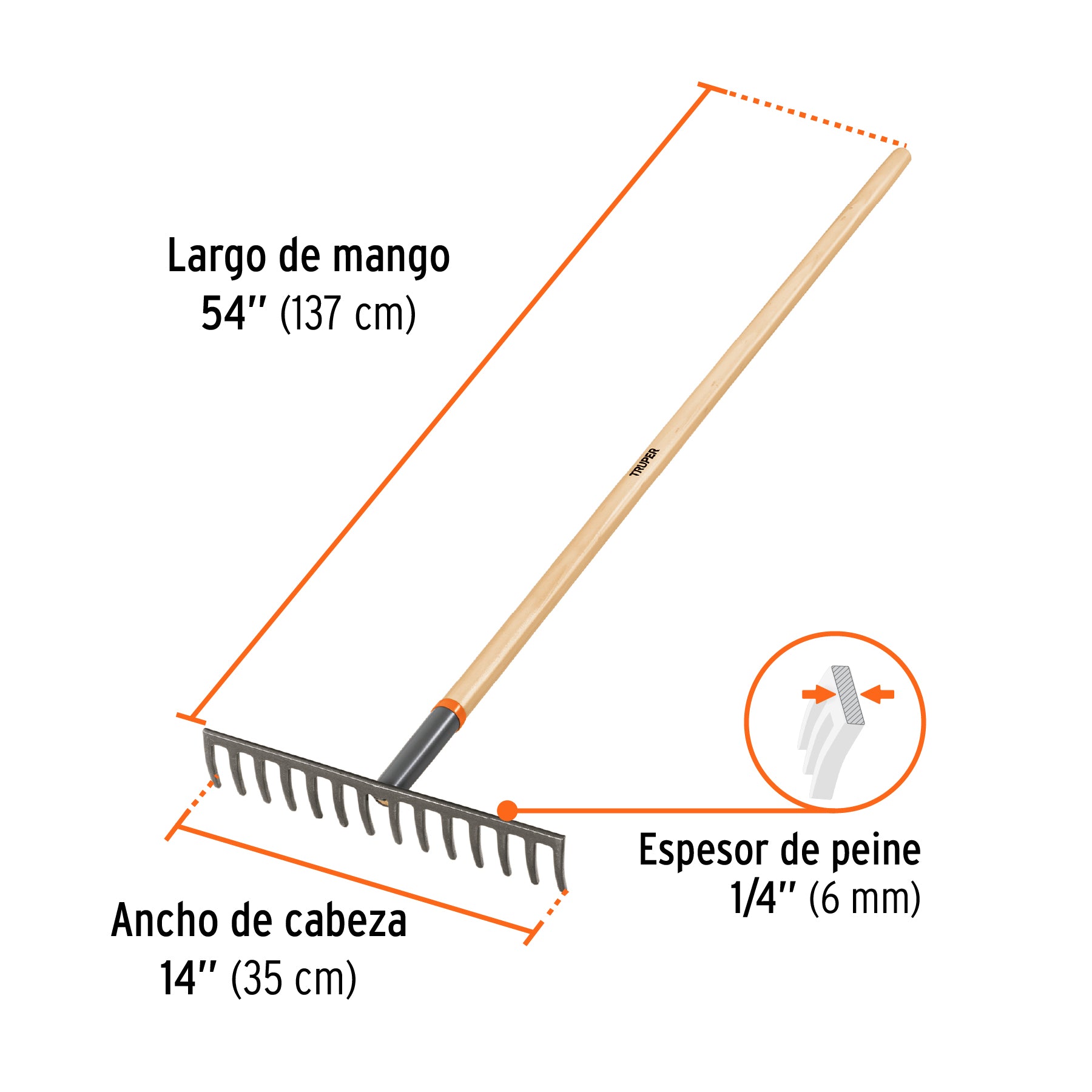 Rastrillo recto de 14 dientes, mango de 54", TRUPER