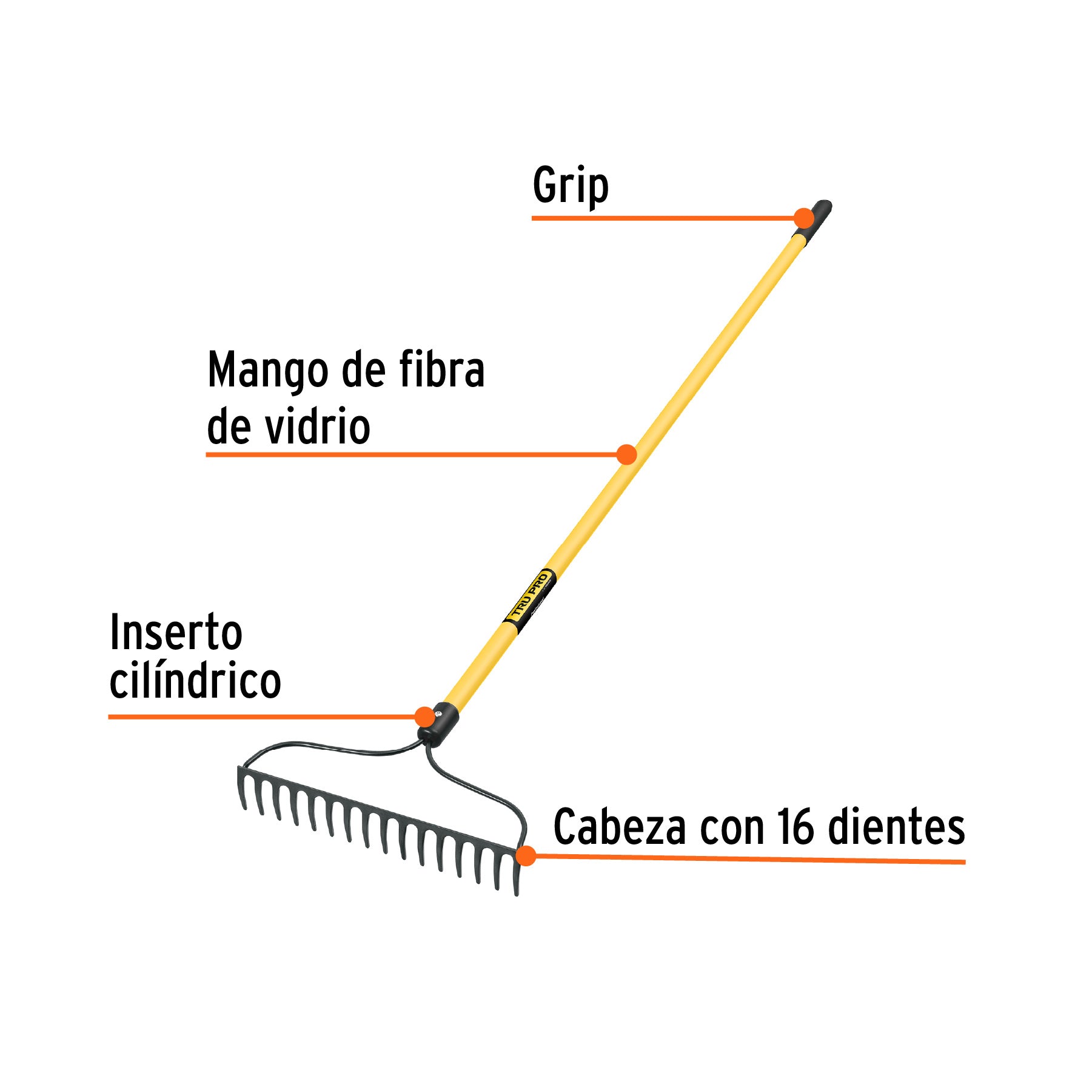 Rastrillo jardinero, 16 dientes, mango 60" fibra de vidrio
