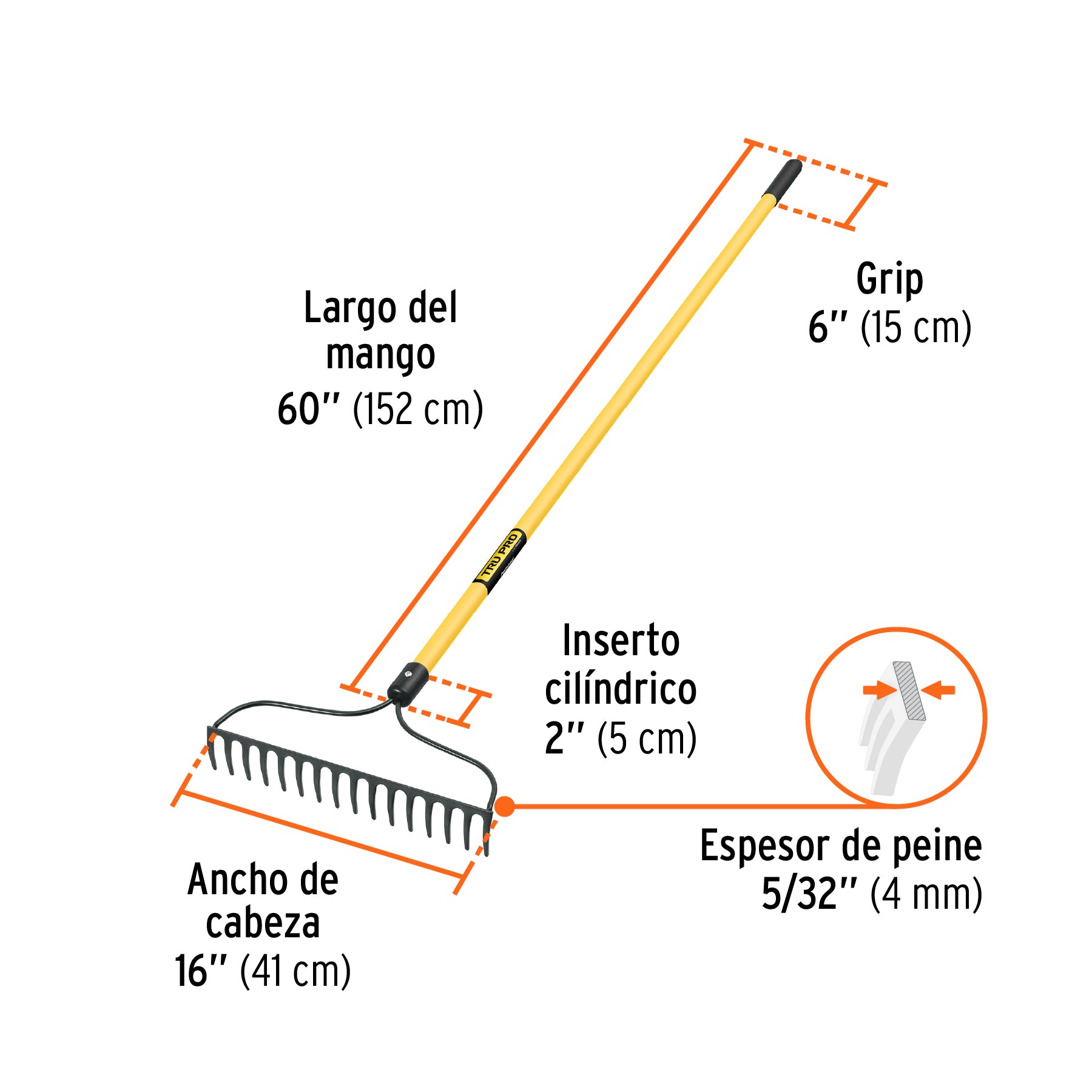 Rastrillo jardinero, 16 dientes, mango 60" fibra de vidrio