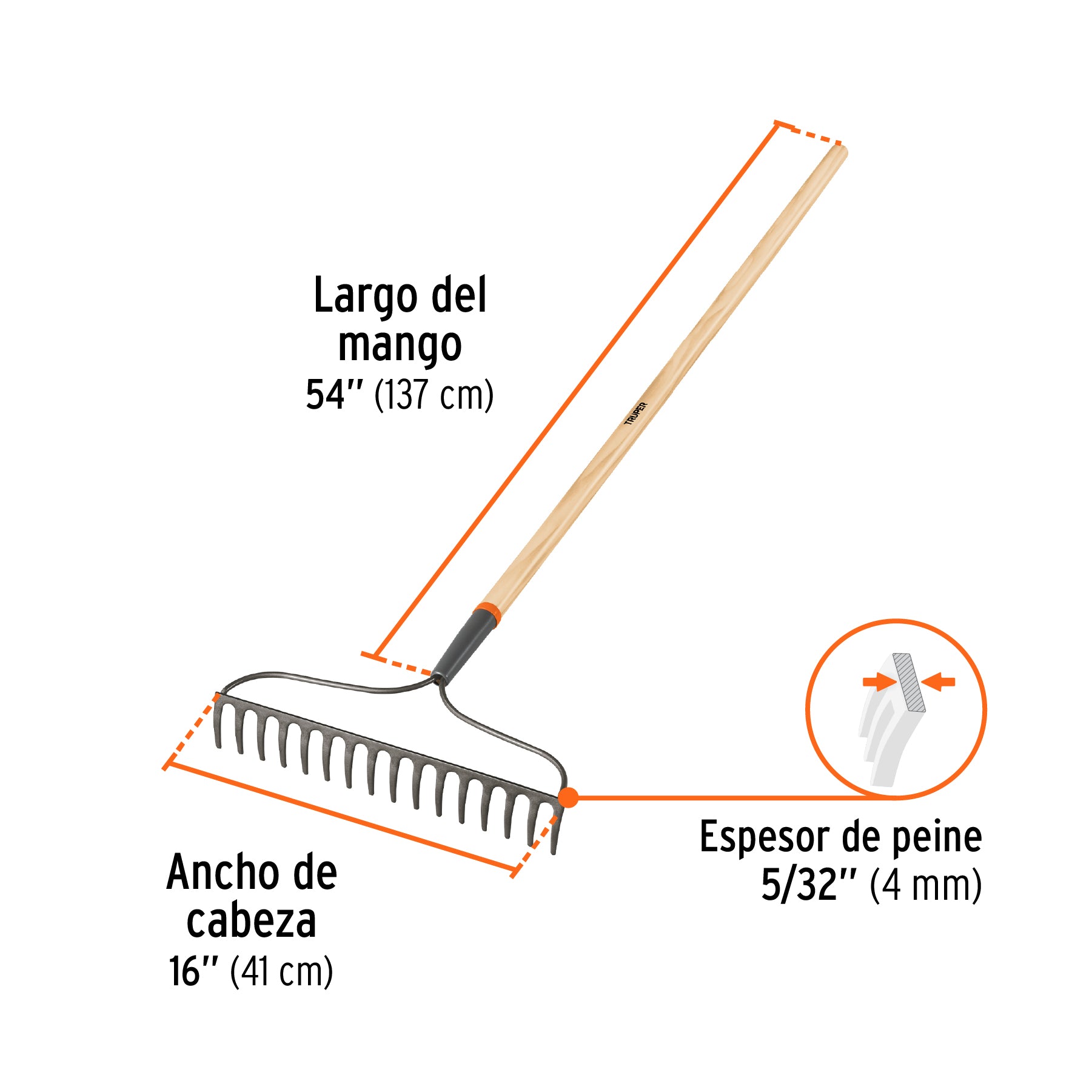 Rastrillo jardinero Classic, 16 dientes, mango 54", TRUPER