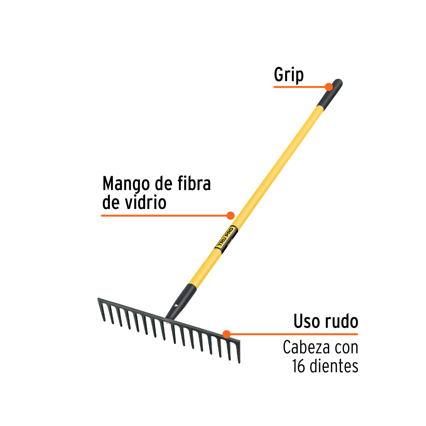 Rastrillo recto reforzado 16 dientes, mgo fibra d/vidrio 60"
