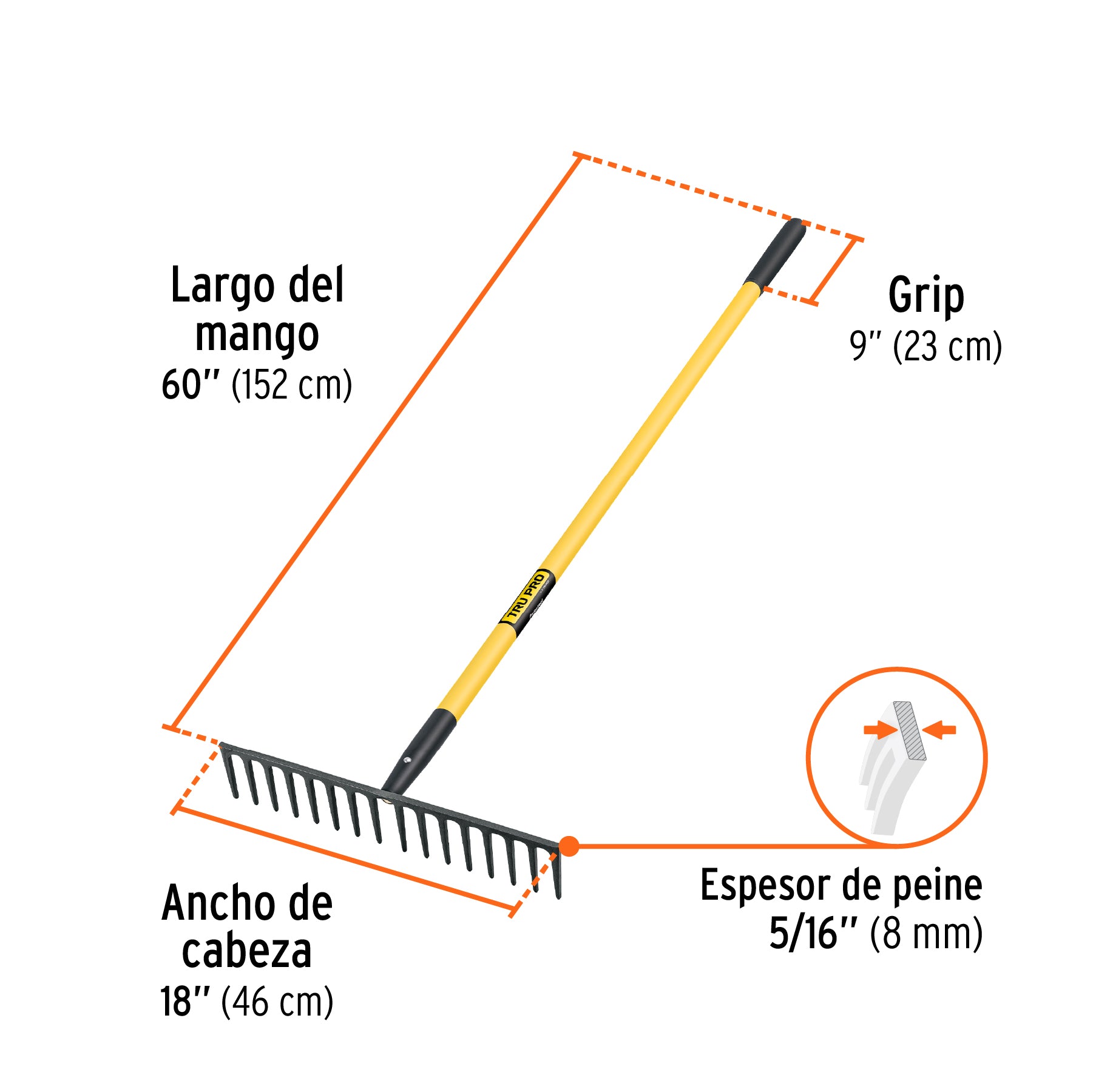 Rastrillo recto reforzado 16 dientes, mgo fibra d/vidrio 60"