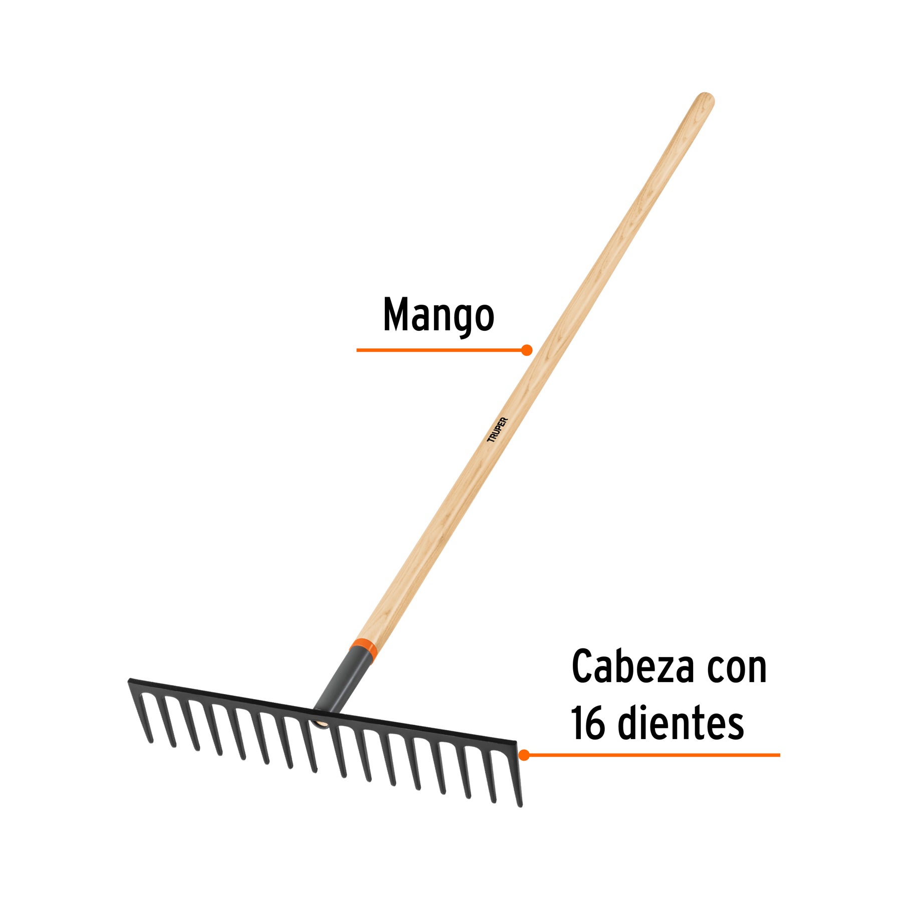 Rastrillo recto reforzado, 16 dientes, mango de 60", TRUPER