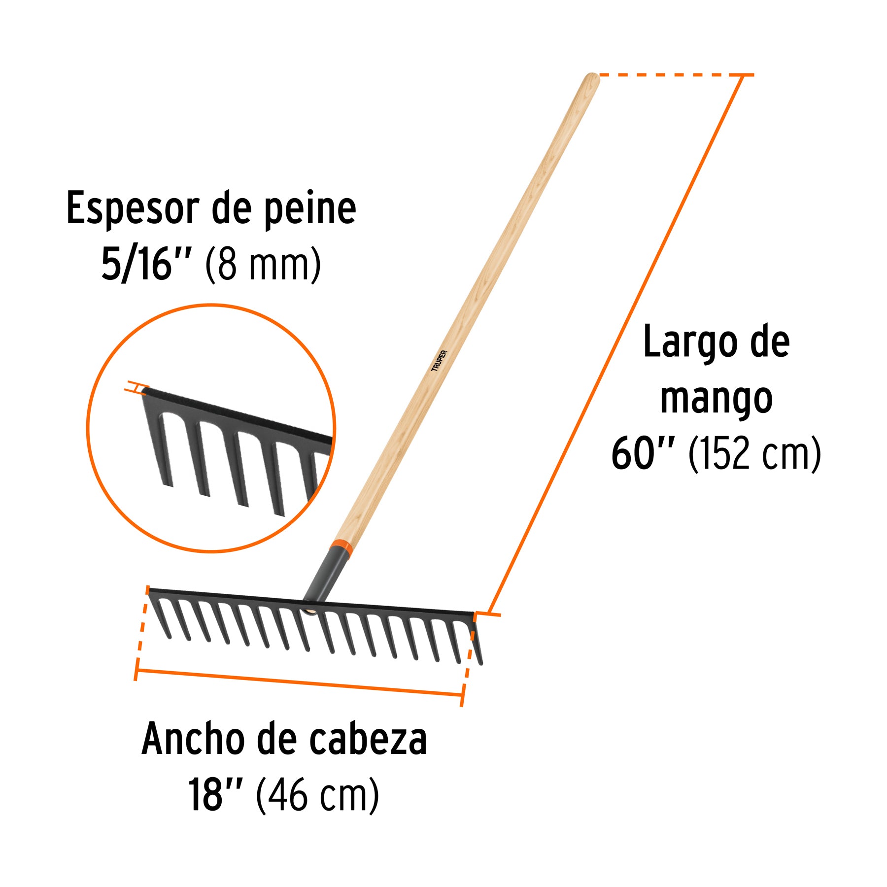 Rastrillo recto reforzado, 16 dientes, mango de 60", TRUPER