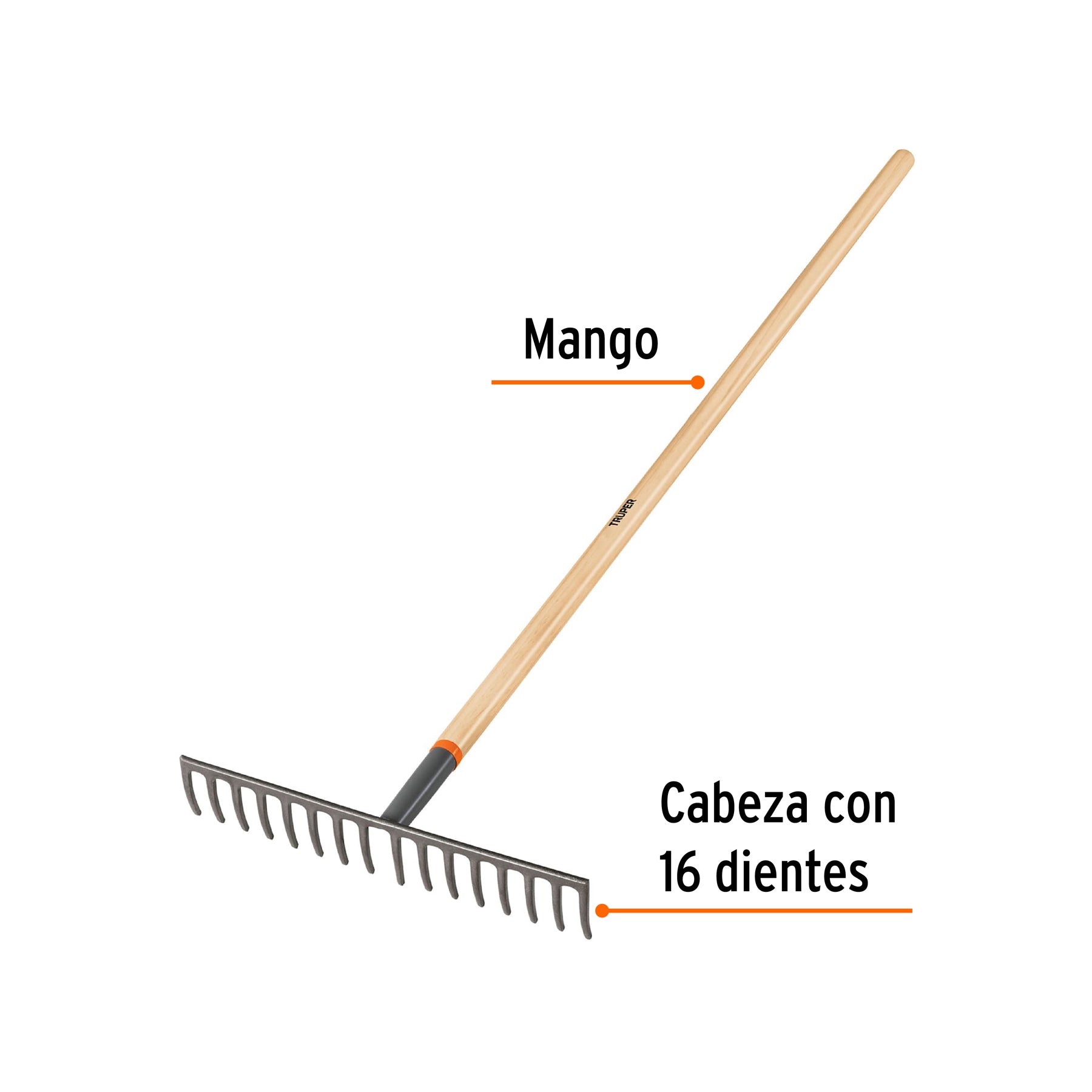 Rastrillo recto de 16 dientes, mango de 60", TRUPER