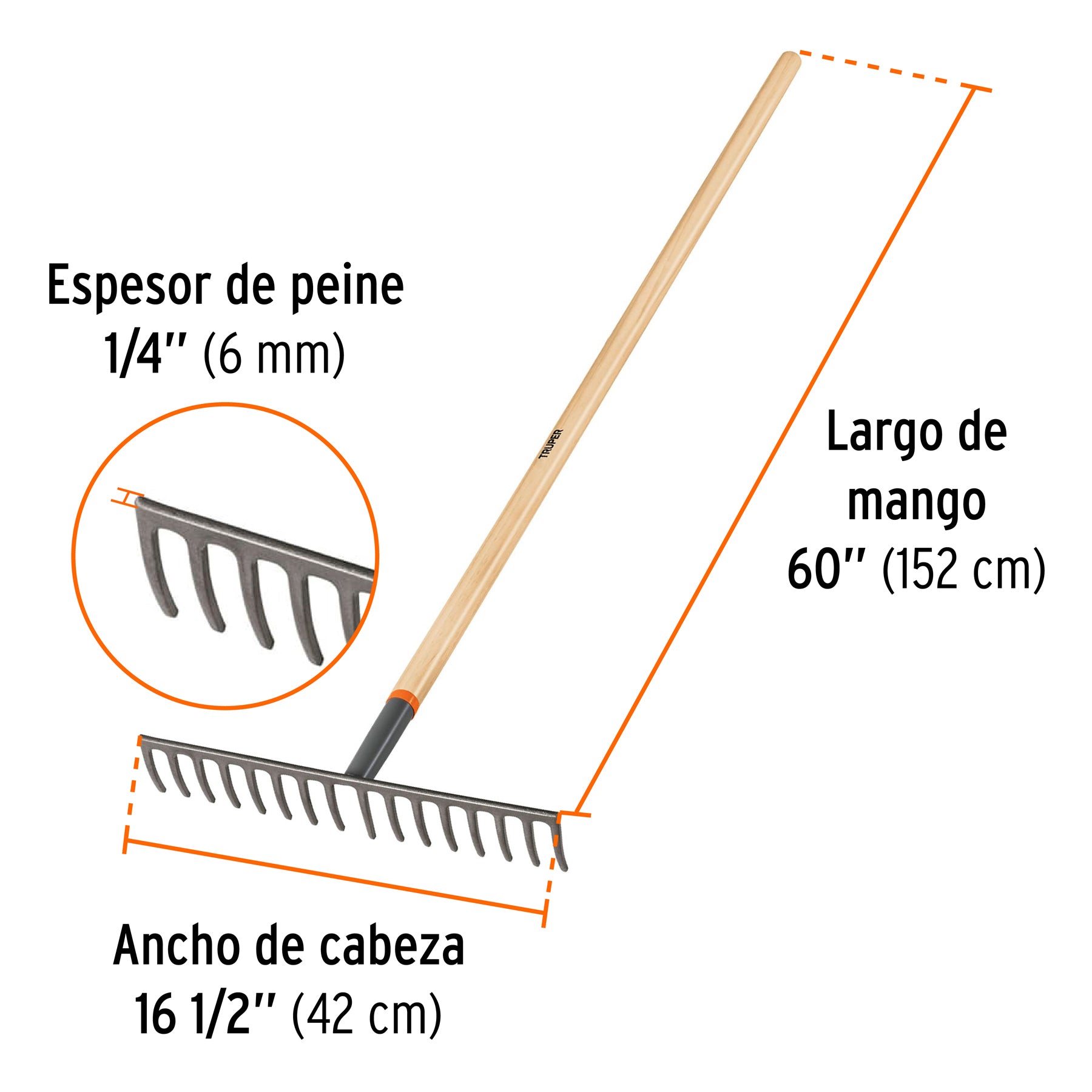 Rastrillo recto de 16 dientes, mango de 60", TRUPER