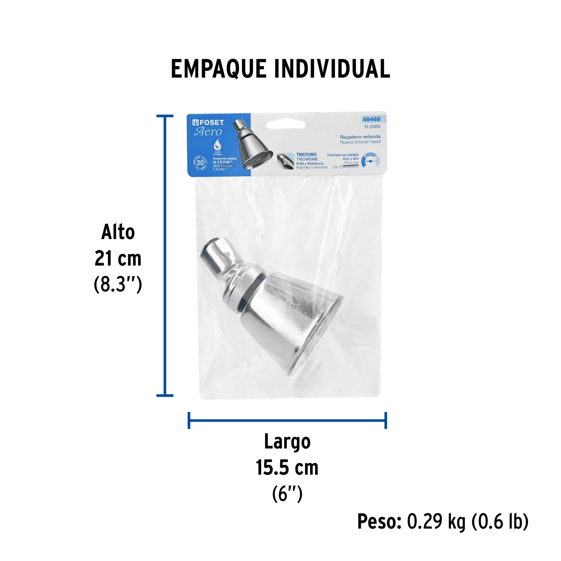 Regadera redonda 2-3/4", latón, sin brazo, cromo, AERO - Empaque