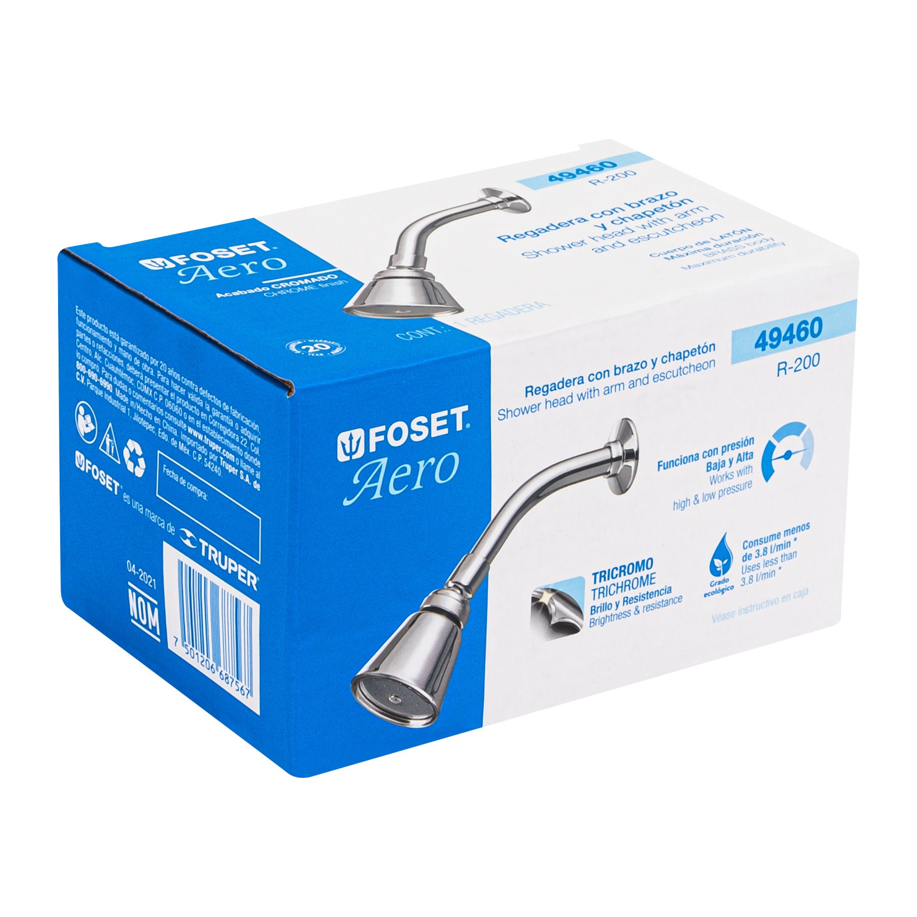 Regadera redonda 2-3/4",latón, c/brazo y chapeton,cromo,AERO