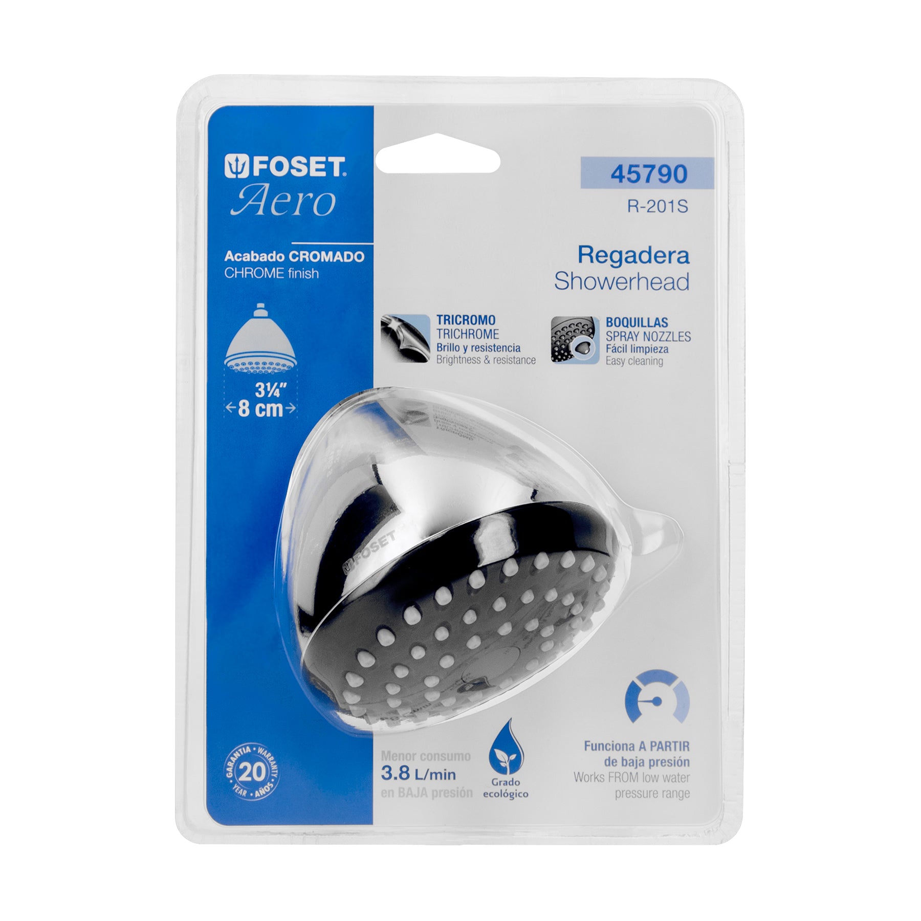 Regadera redonda 3-1/4", ABS, sin brazo, cromo, AERO