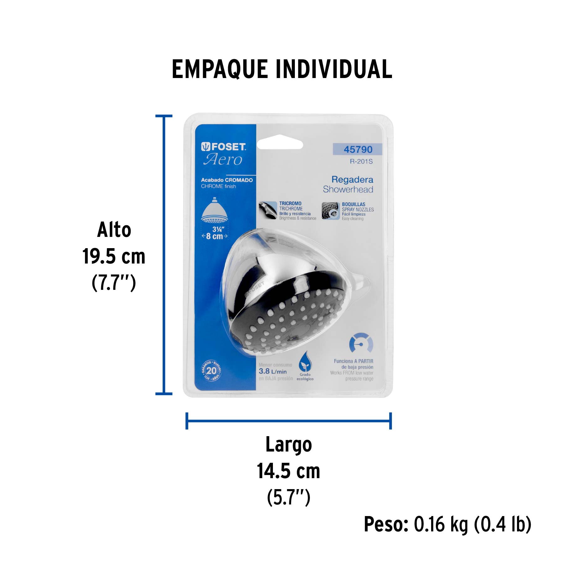 Regadera redonda 3-1/4", ABS, sin brazo, cromo, AERO - Empaque