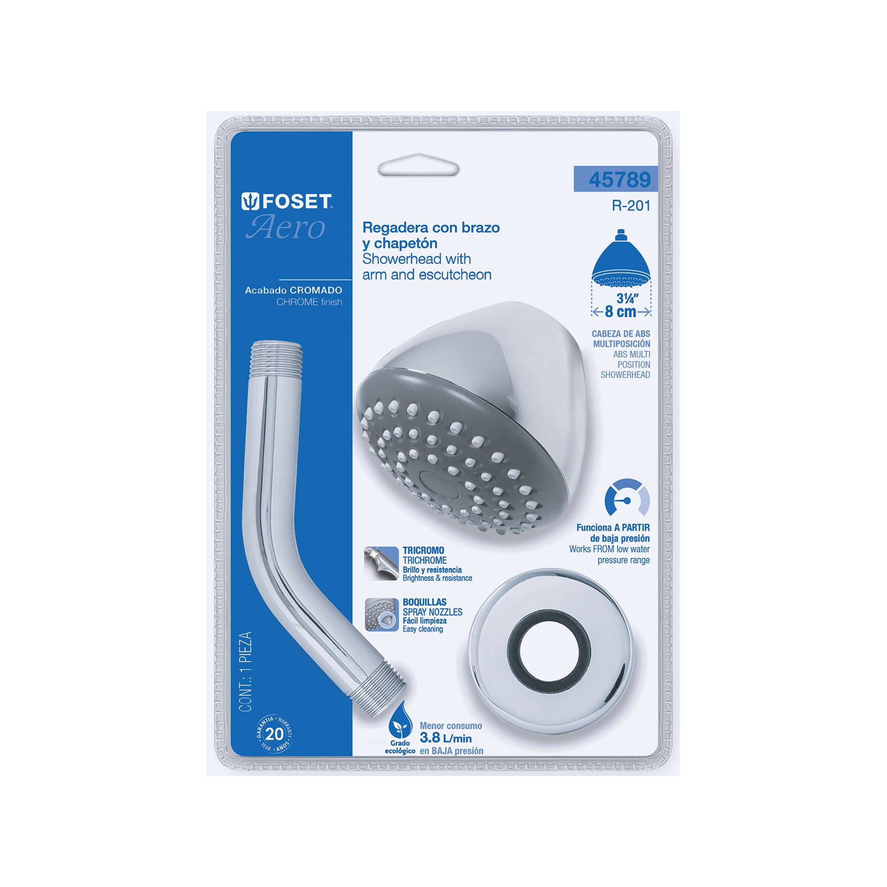 Regadera redonda 3-1/4", ABS,c/brazo y chapetón, cromo, AERO