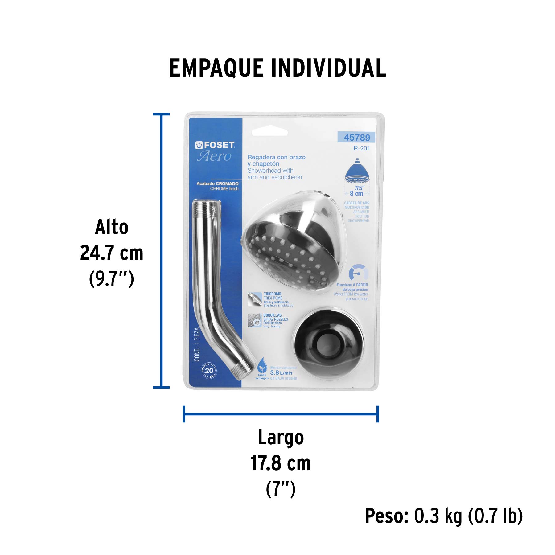 Regadera redonda 3-1/4", ABS,c/brazo y chapetón, cromo, AERO - Empaque