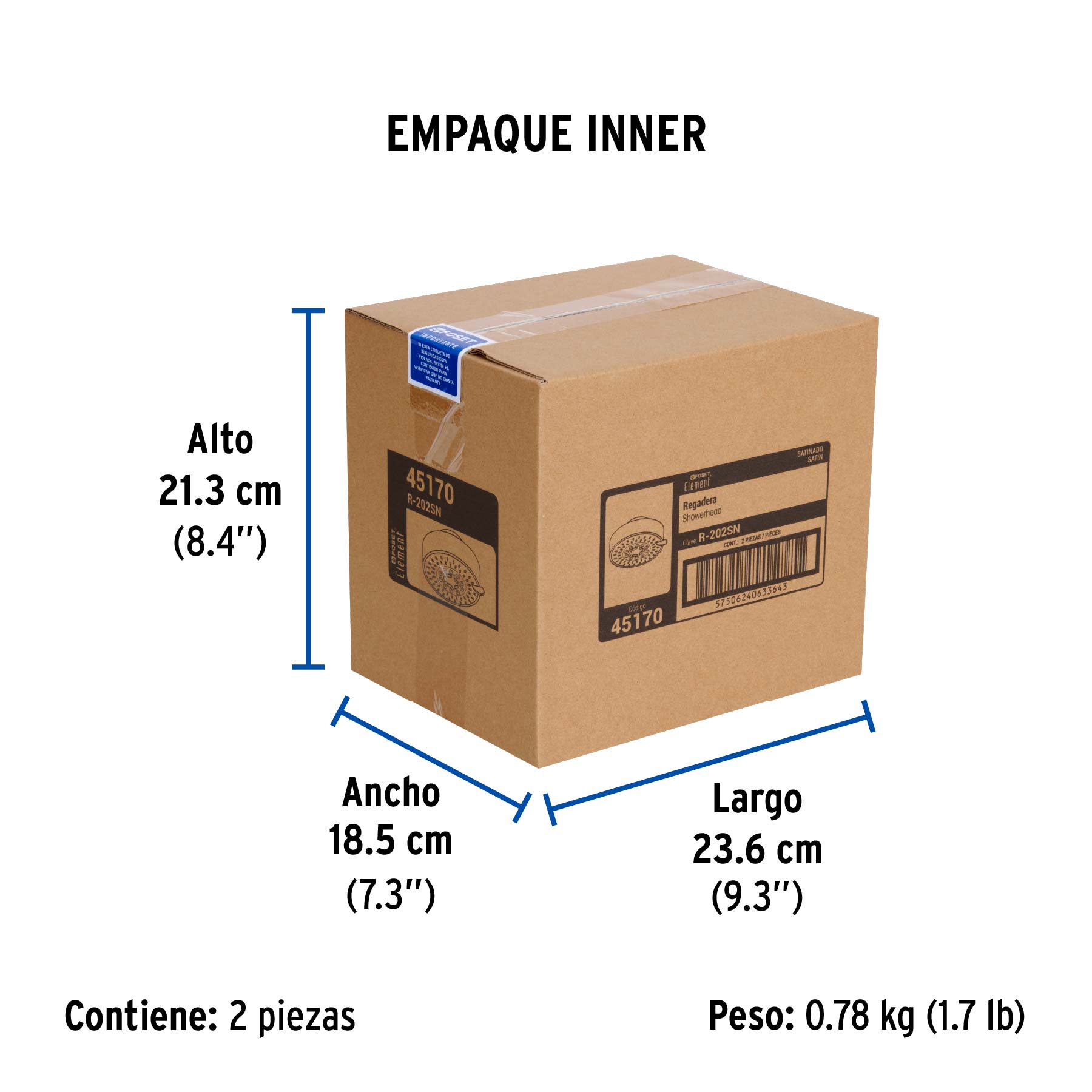 Regadera satín 4"con 5 funciones, sin brazo, FOSET ELEMENT - Empaque
