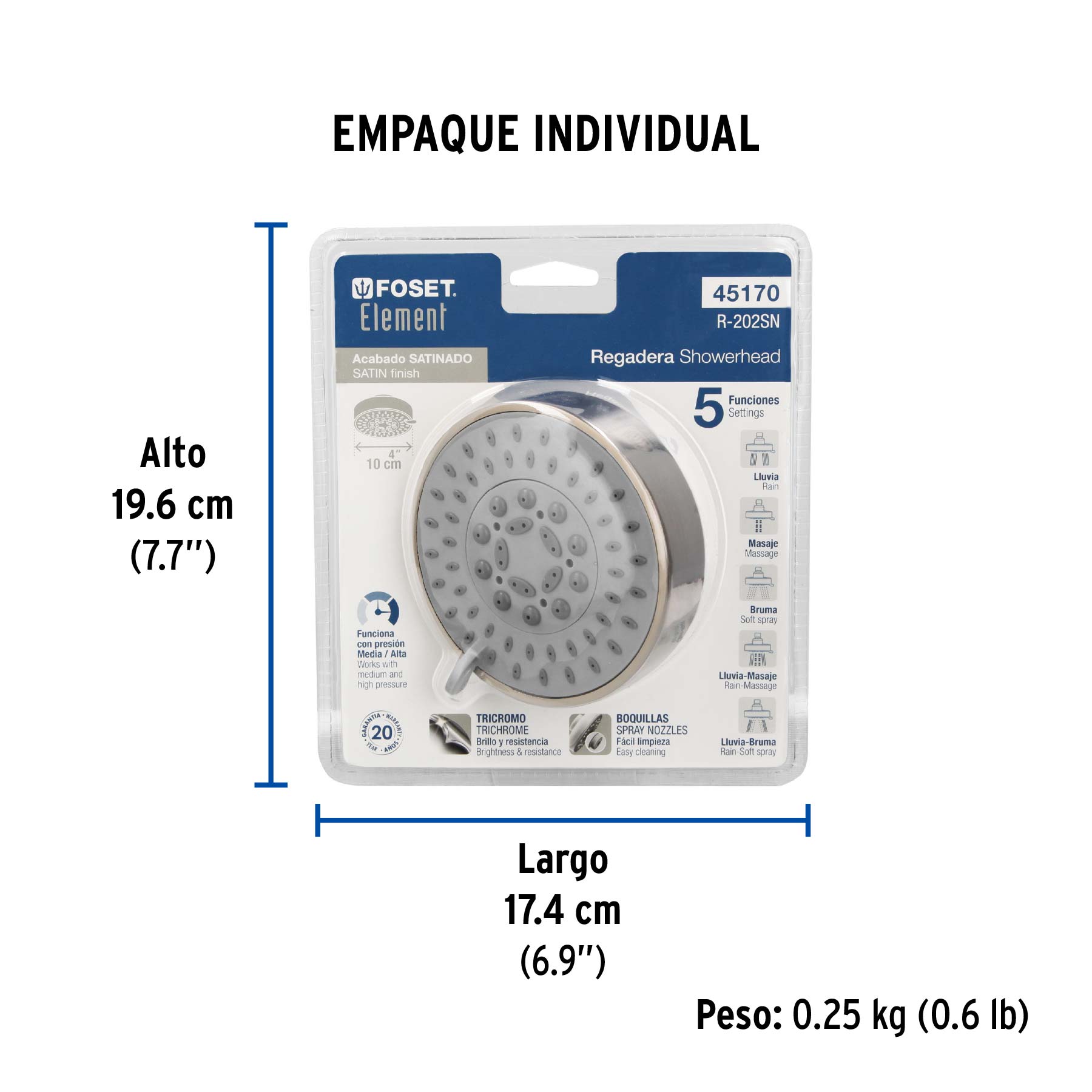Regadera satín 4"con 5 funciones, sin brazo, FOSET ELEMENT - Empaque