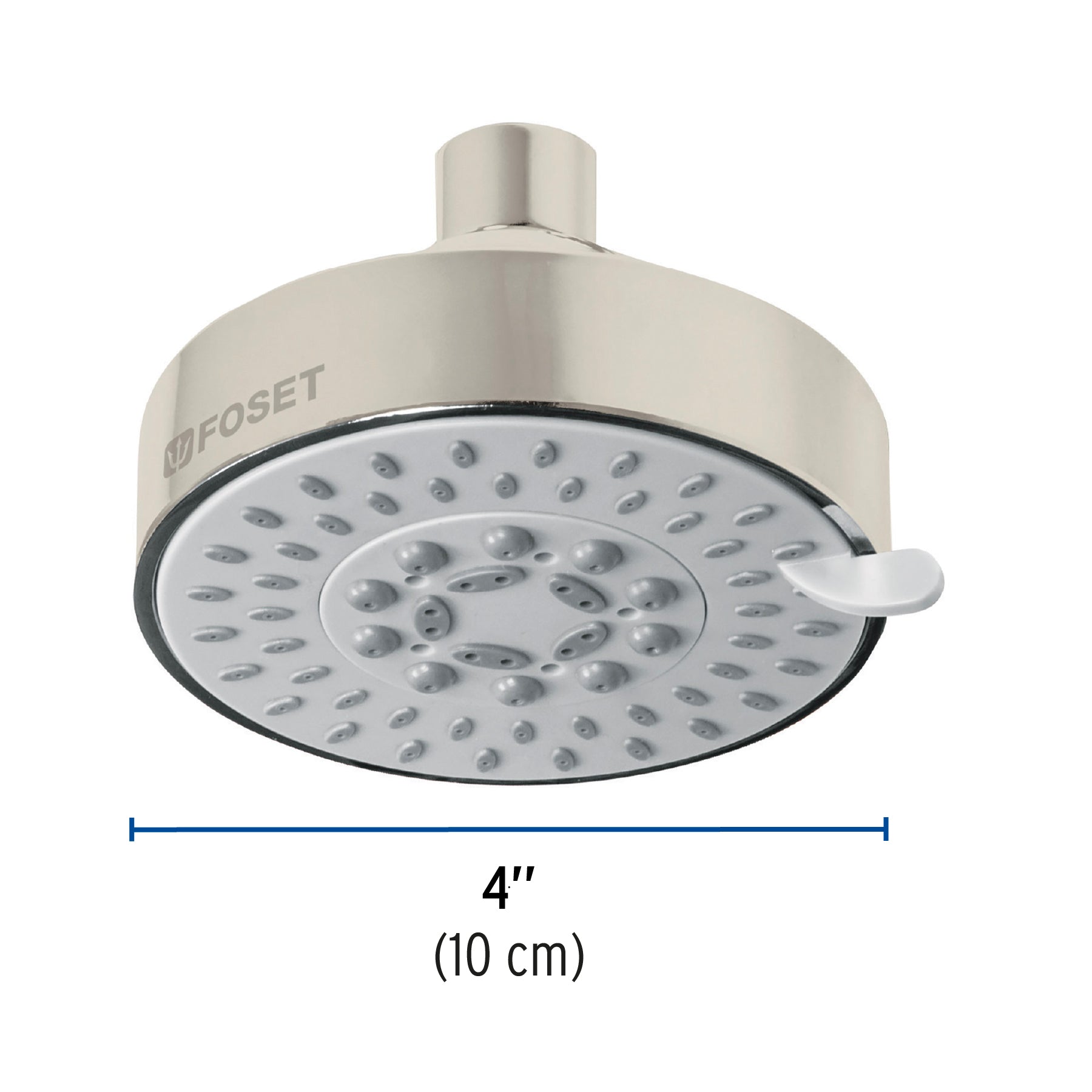 Regadera satín 4"con 5 funciones, sin brazo, FOSET ELEMENT