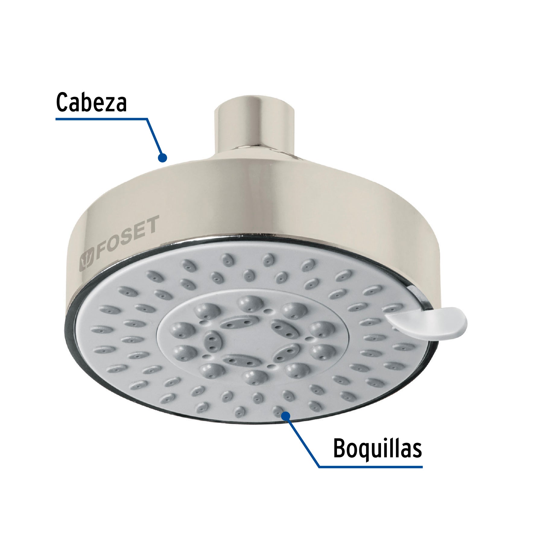 Regadera satín 4"con 5 funciones, sin brazo, FOSET ELEMENT