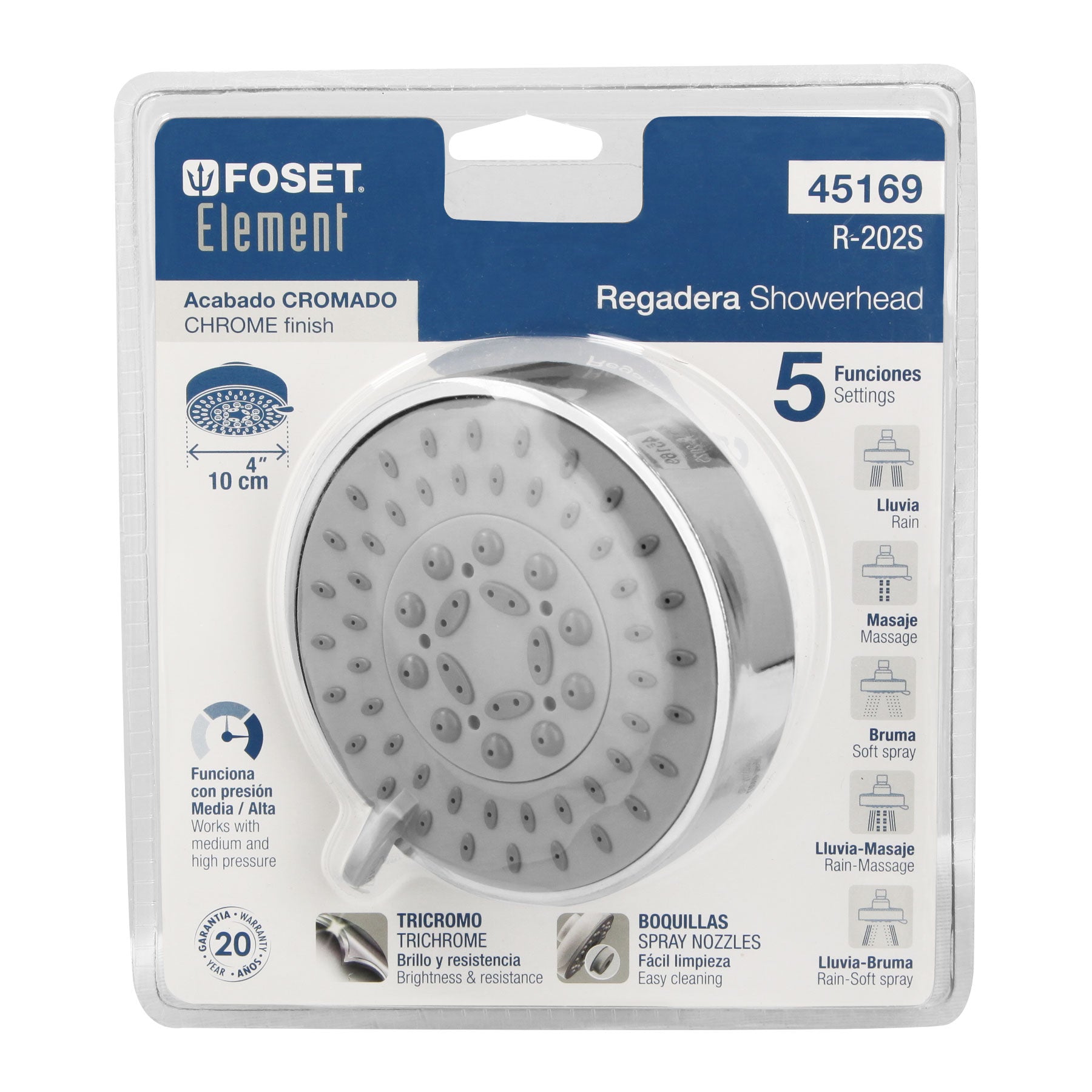 Regadera cromo 4"con 5 funciones, sin brazo, FOSET ELEMENT