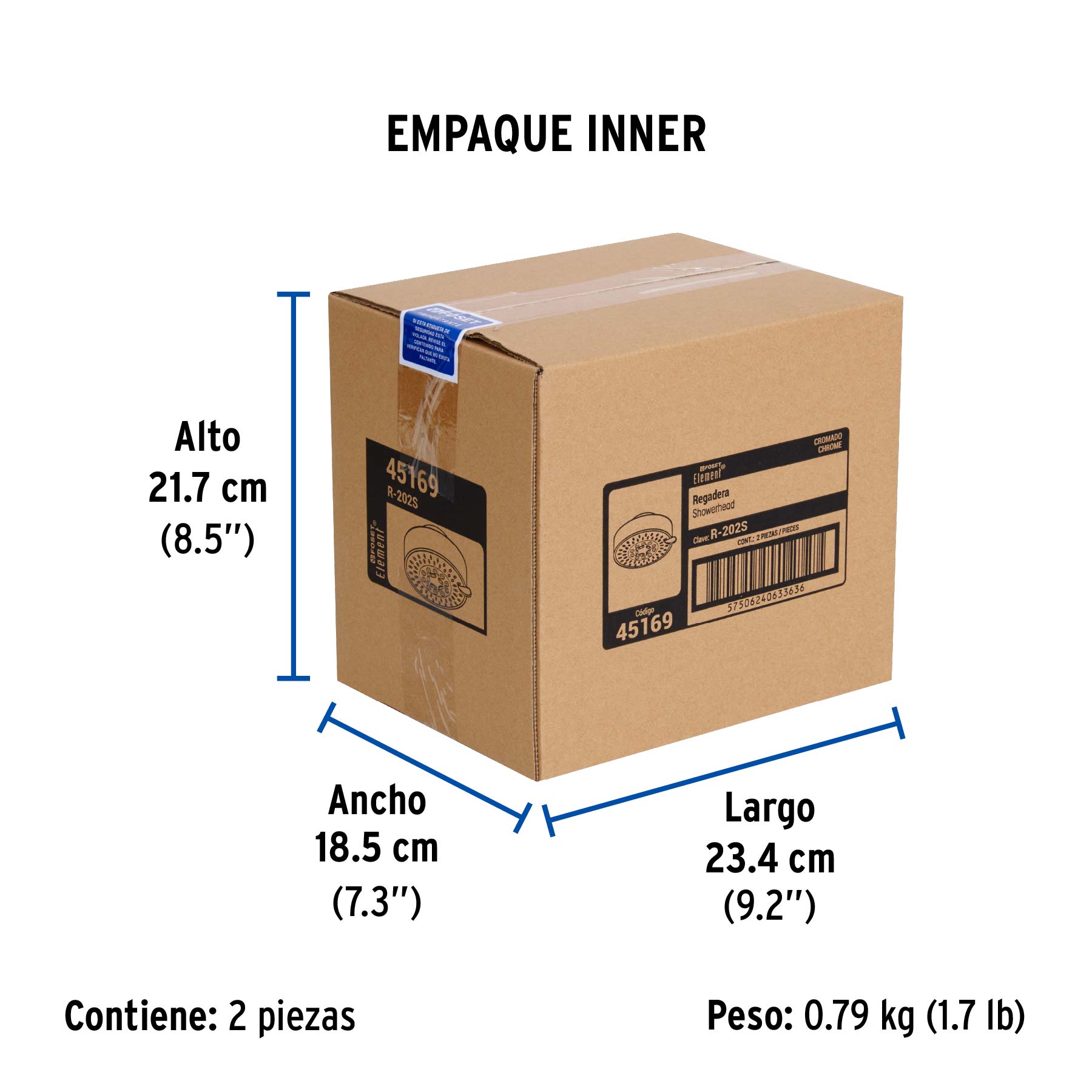 Regadera cromo 4"con 5 funciones, sin brazo, FOSET ELEMENT - Empaque