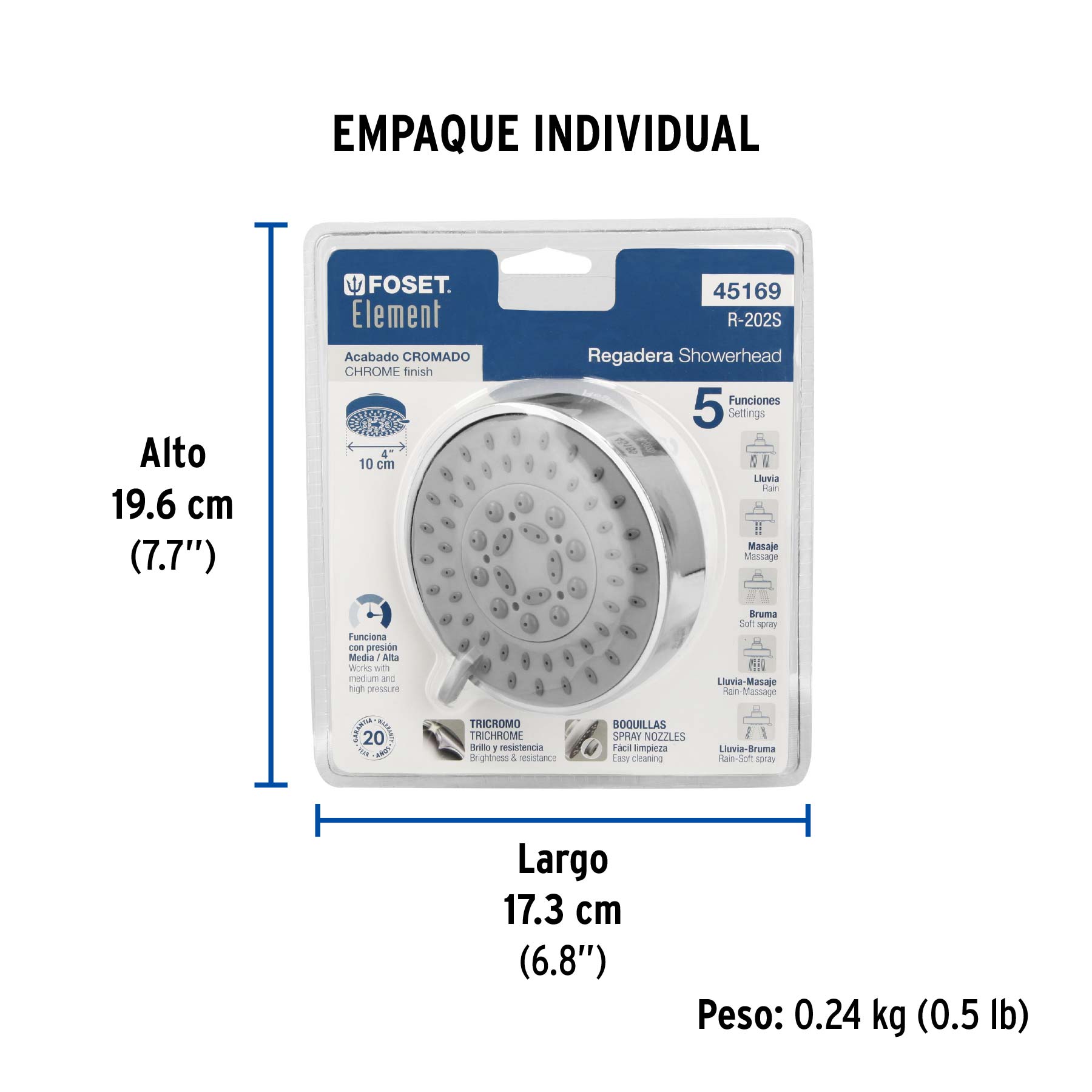 Regadera cromo 4"con 5 funciones, sin brazo, FOSET ELEMENT - Empaque