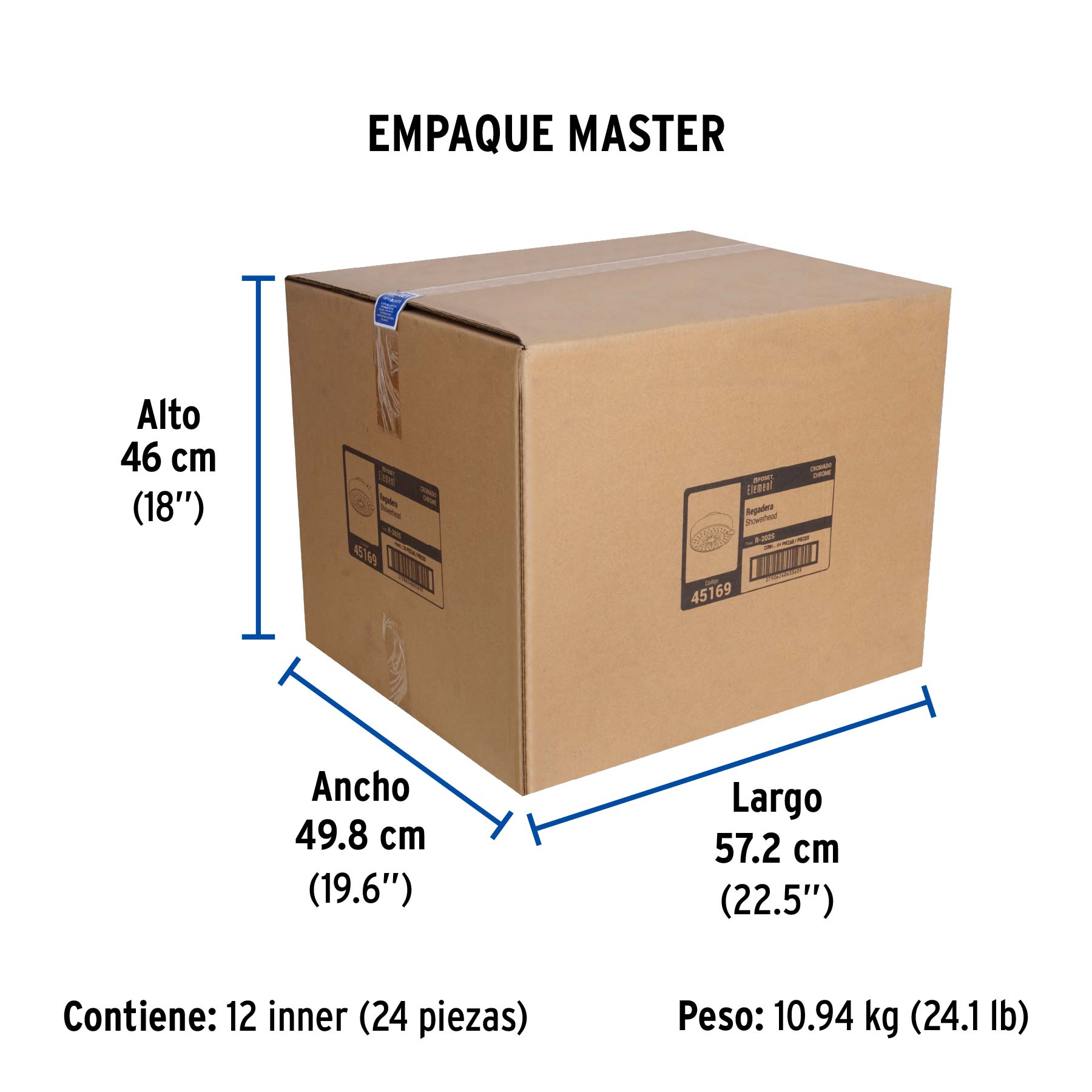 Regadera cromo 4"con 5 funciones, sin brazo, FOSET ELEMENT - Empaque
