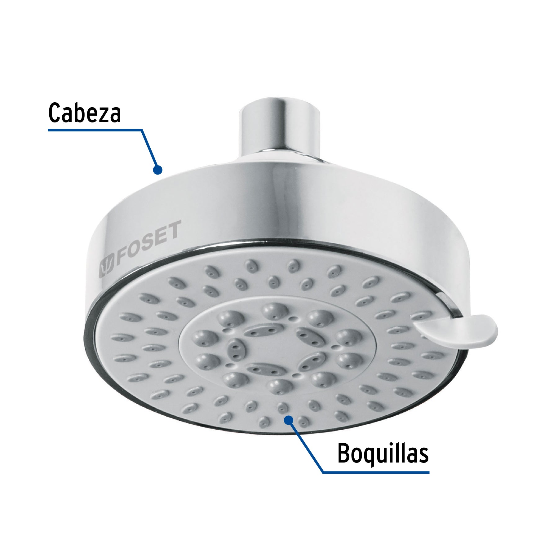 Regadera cromo 4"con 5 funciones, sin brazo, FOSET ELEMENT