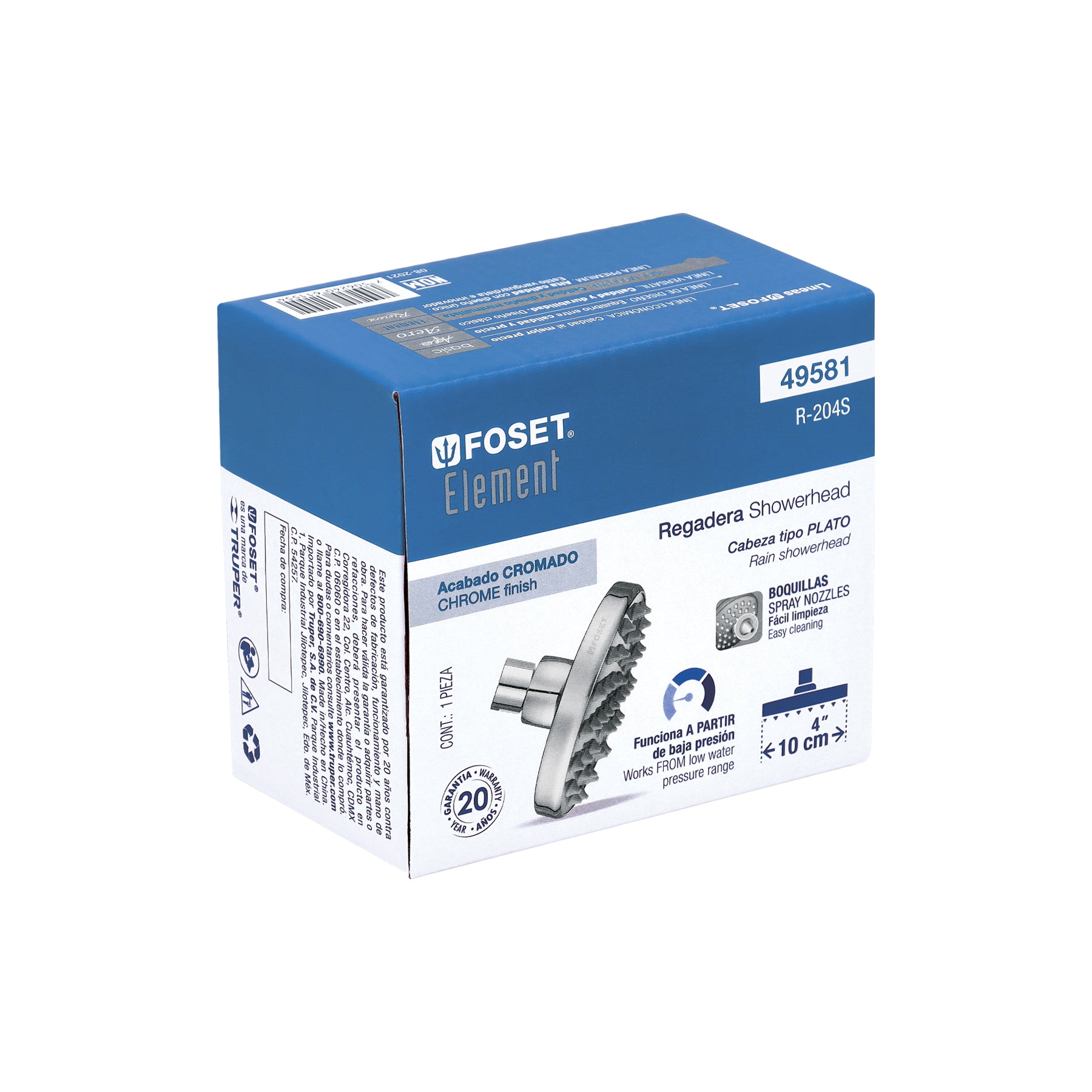 Regadera cromo 4" plato redondo, sin brazo, FOSET ELEMENT