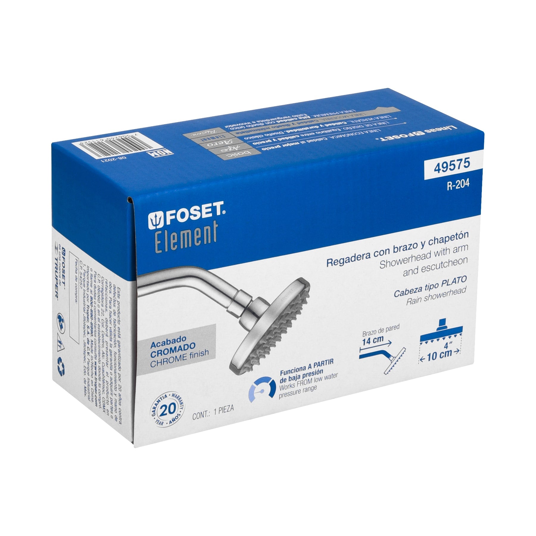 Regadera cromo 4" plato redondo, con brazo, FOSET ELEMENT