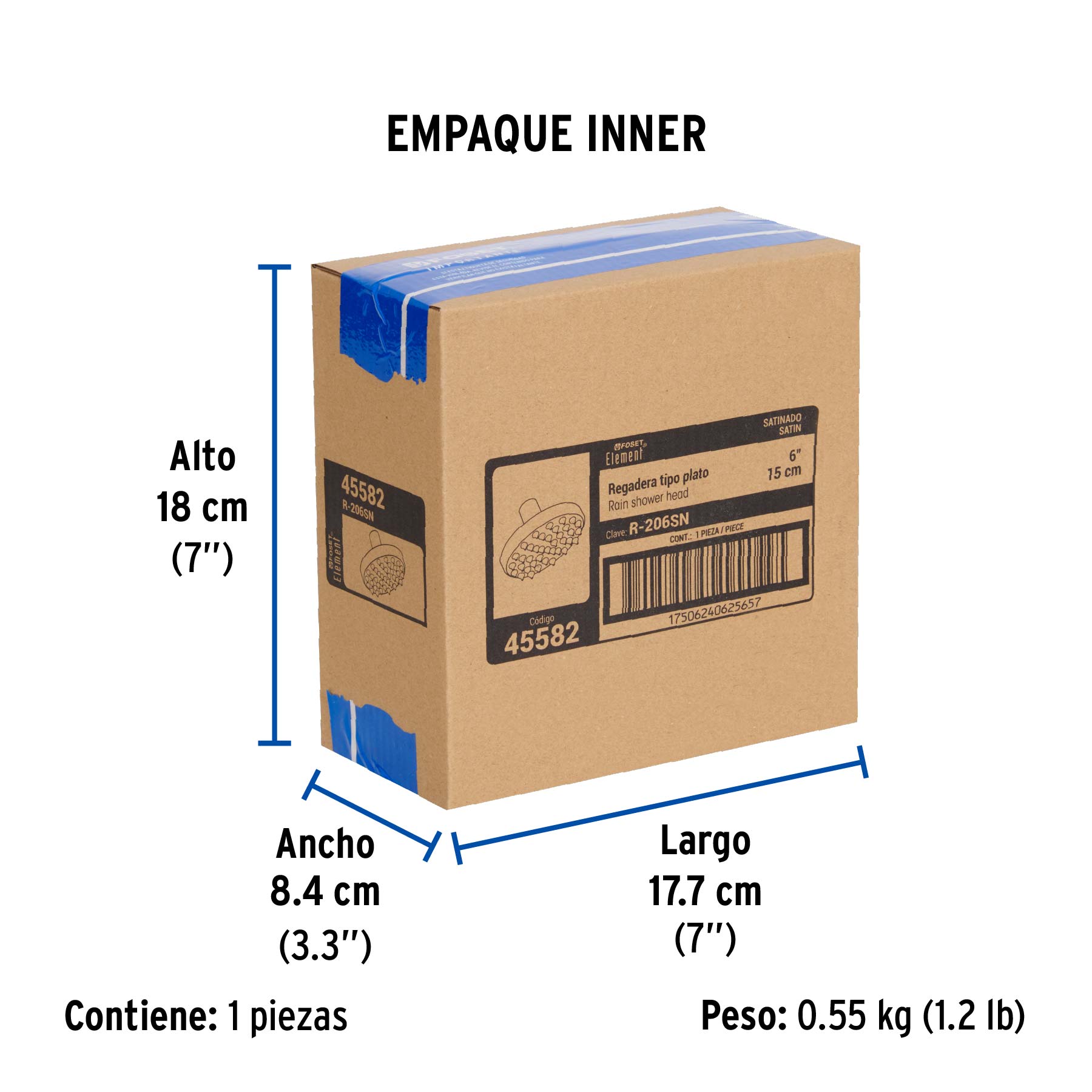 Regadera satín 6" plato redondo, sin brazo, FOSET ELEMENT - Empaque
