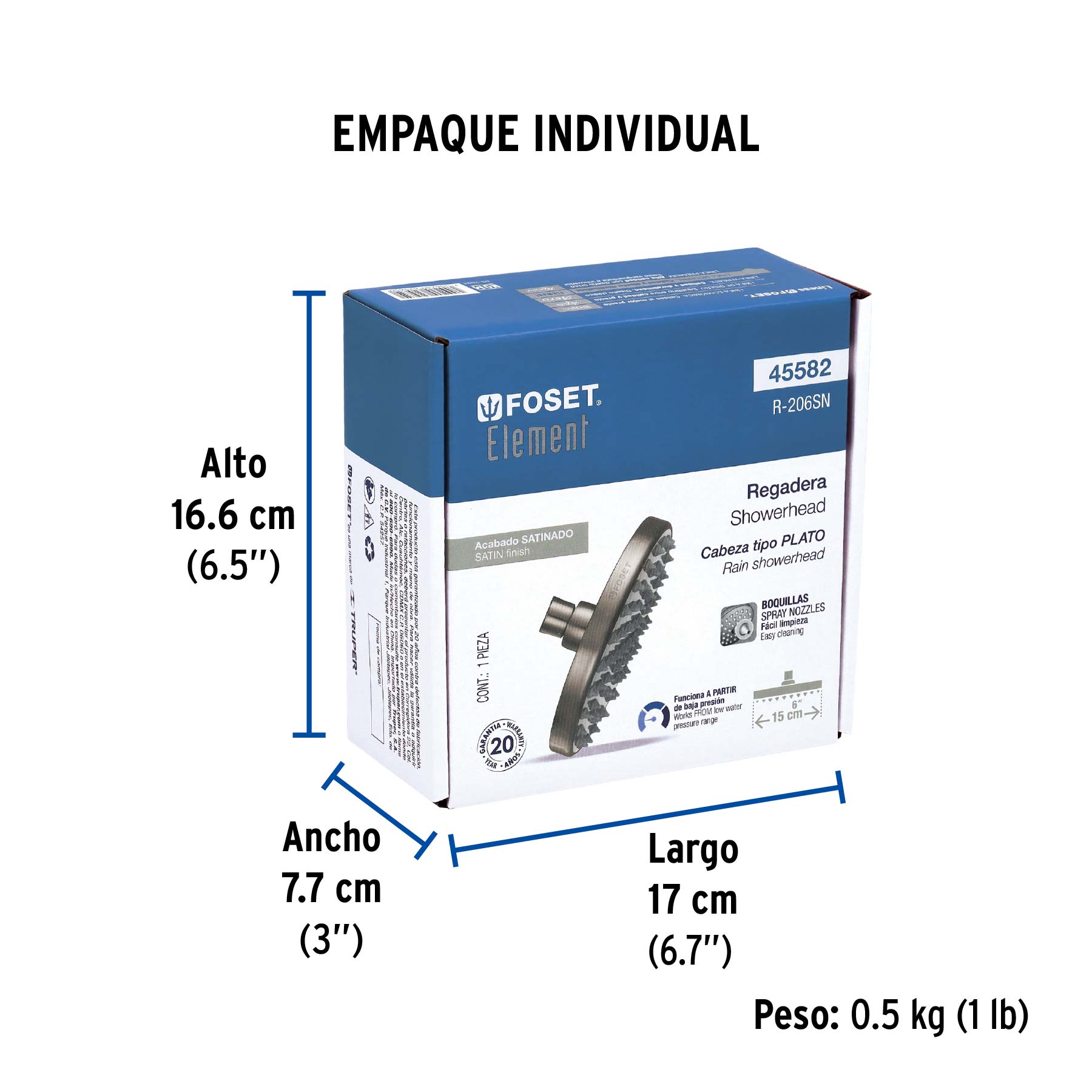 Regadera satín 6" plato redondo, sin brazo, FOSET ELEMENT - Empaque
