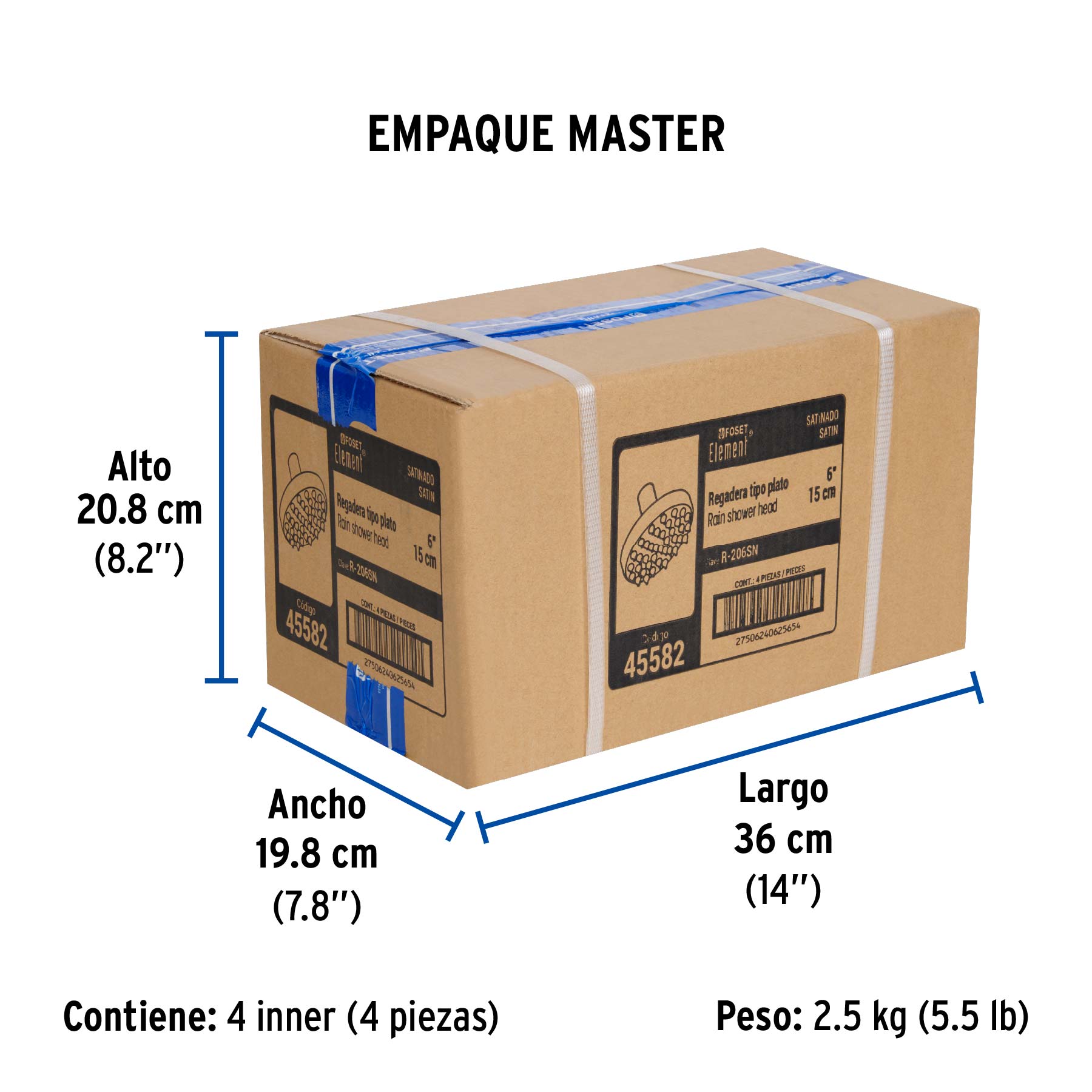 Regadera satín 6" plato redondo, sin brazo, FOSET ELEMENT - Empaque
