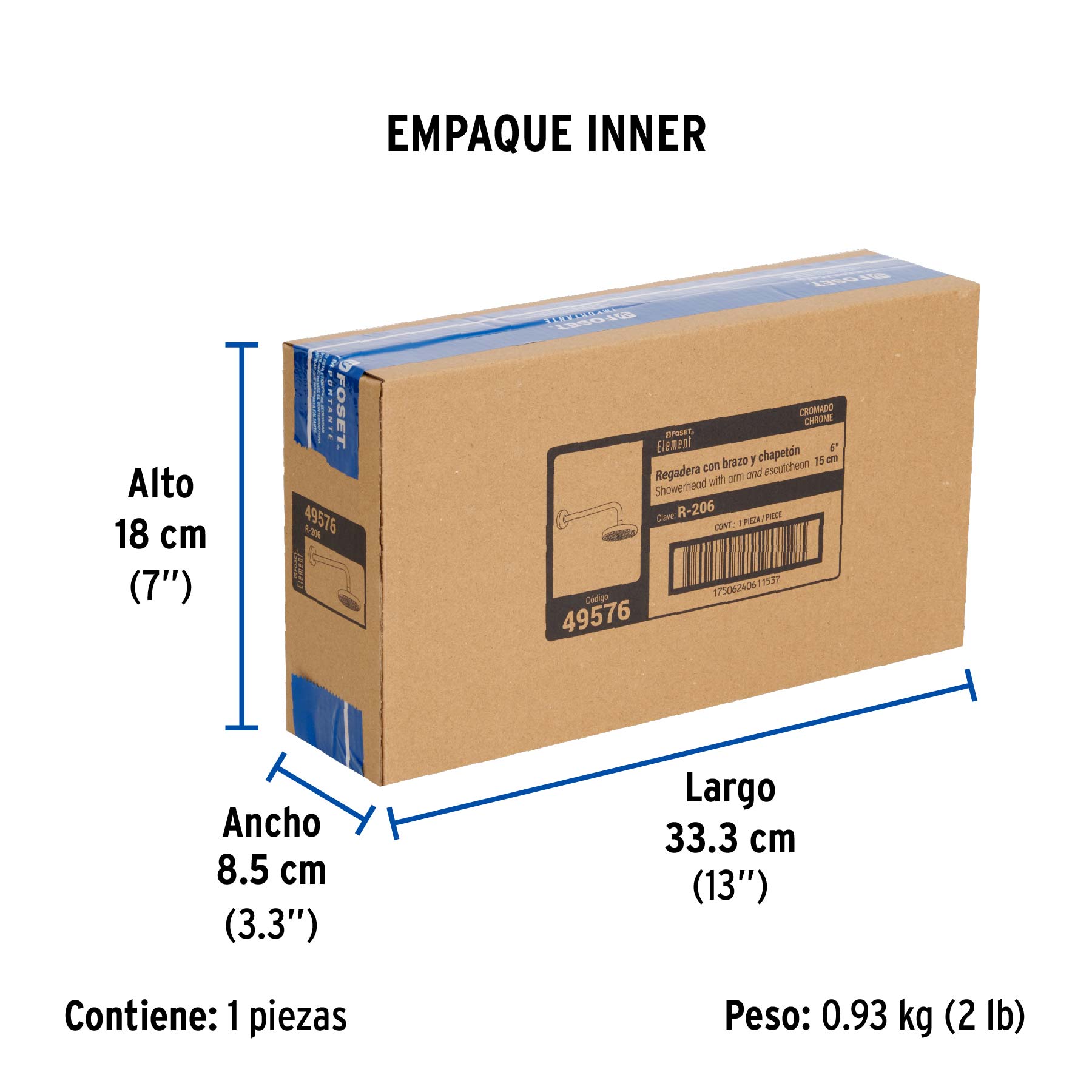 Regadera cromo 6" plato redondo, con brazo, FOSET ELEMENT - Empaque