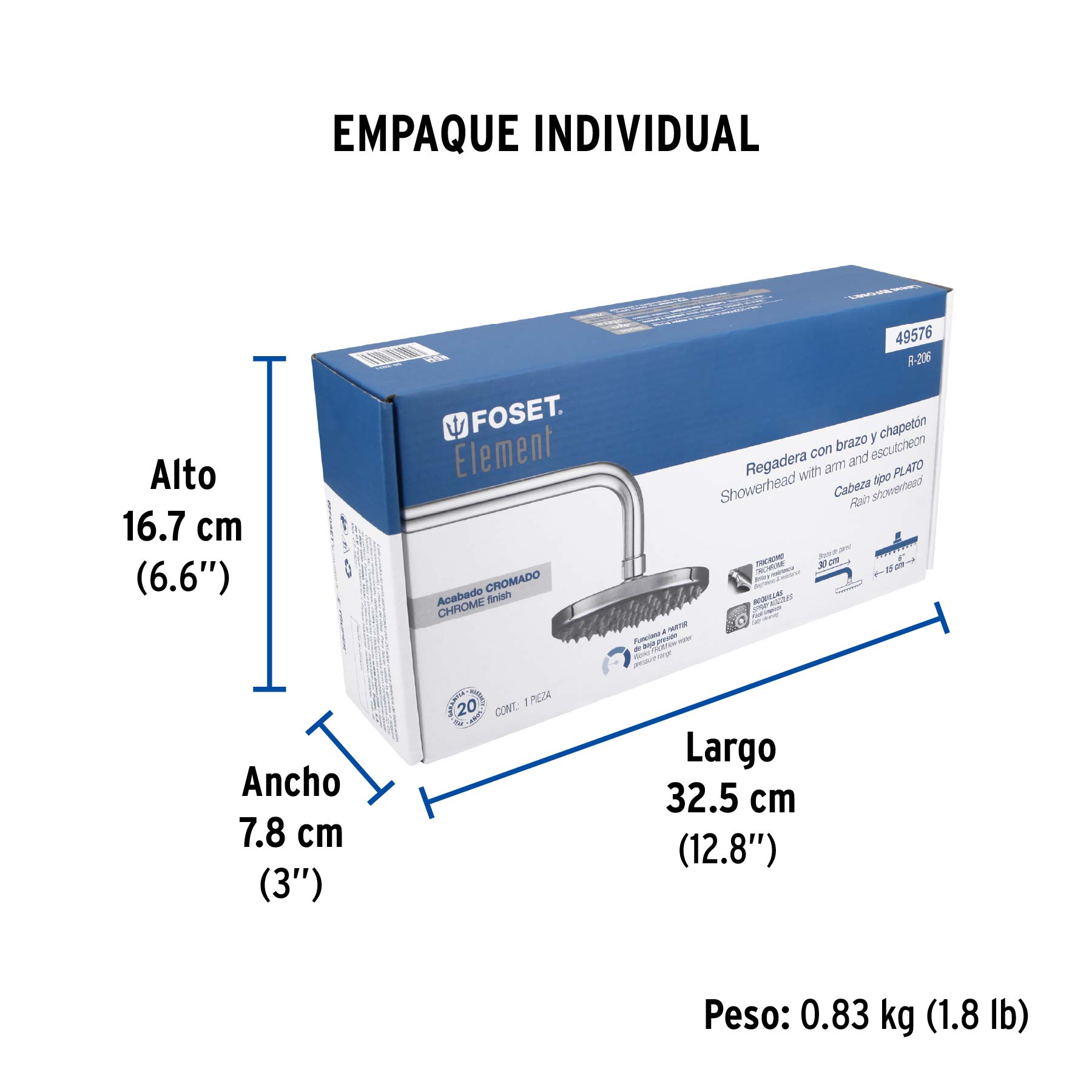 Regadera cromo 6" plato redondo, con brazo, FOSET ELEMENT - Empaque